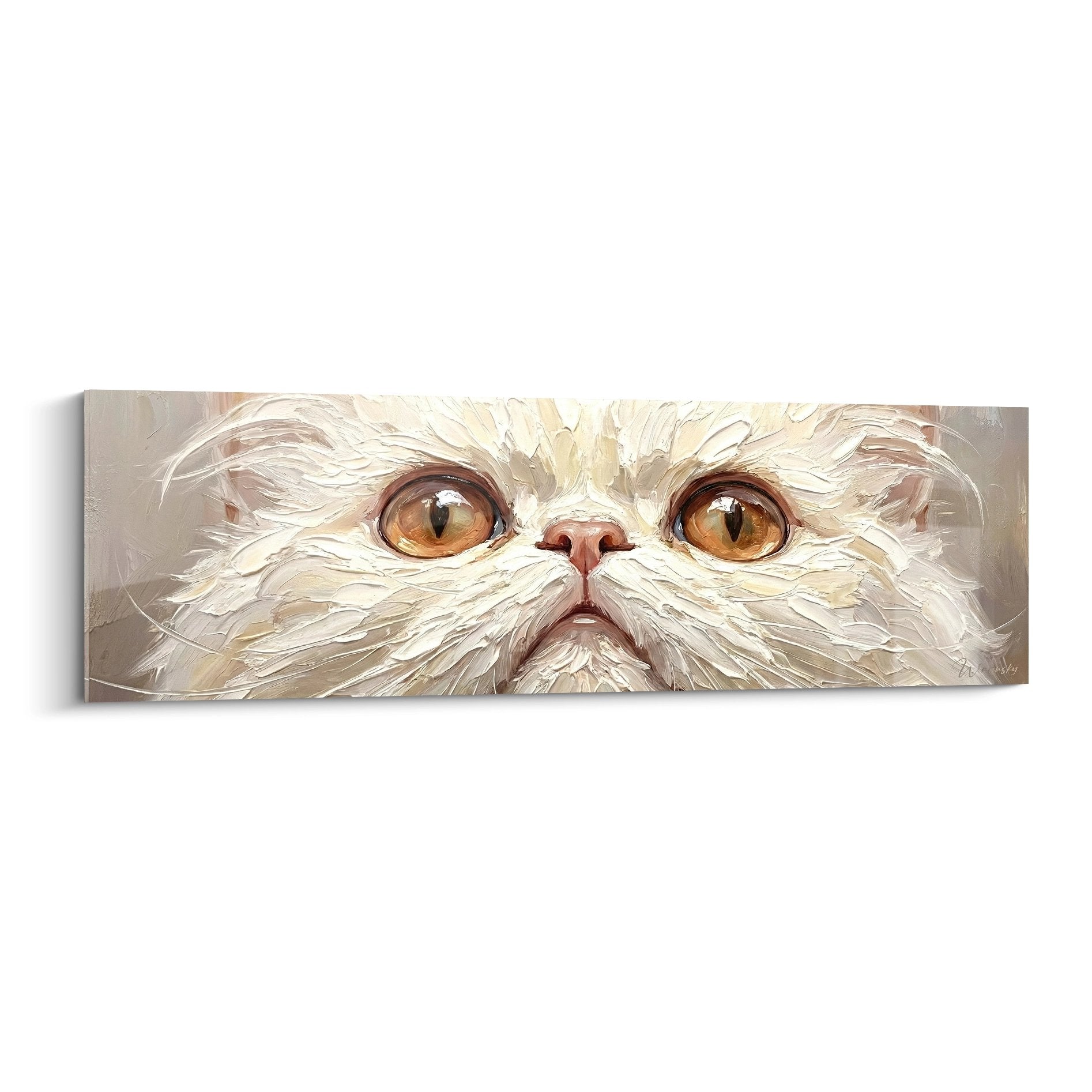 White Persian cat wall art painting with golden eyes, close-up intense gaze, realistic feline painting