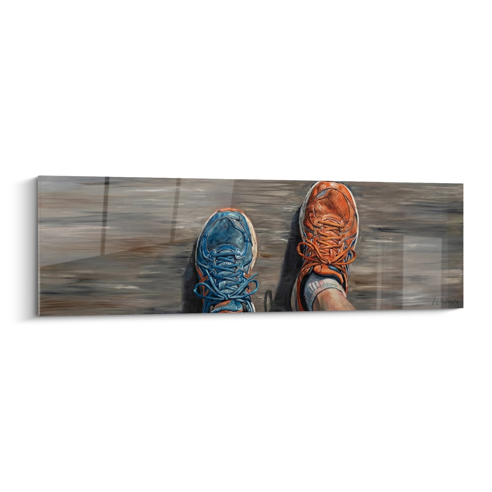 Artistic canvas featuring two blue and orange running shoes in motion on a dynamic ground surface