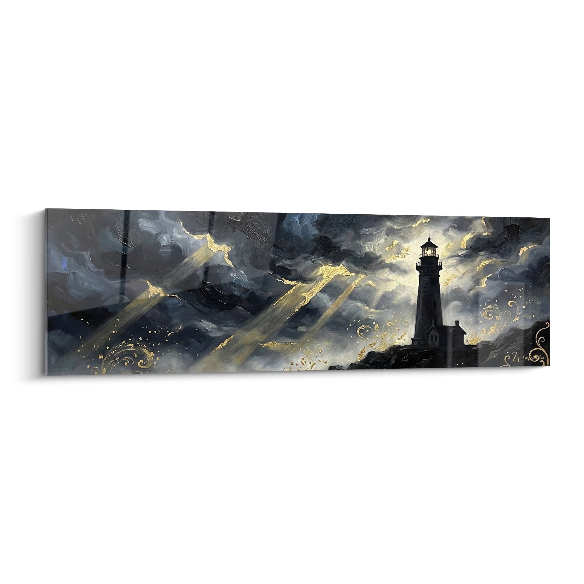 Tableau phare breton dans tempete avec rayons dores percant nuages sombres art maritime Bretagne
