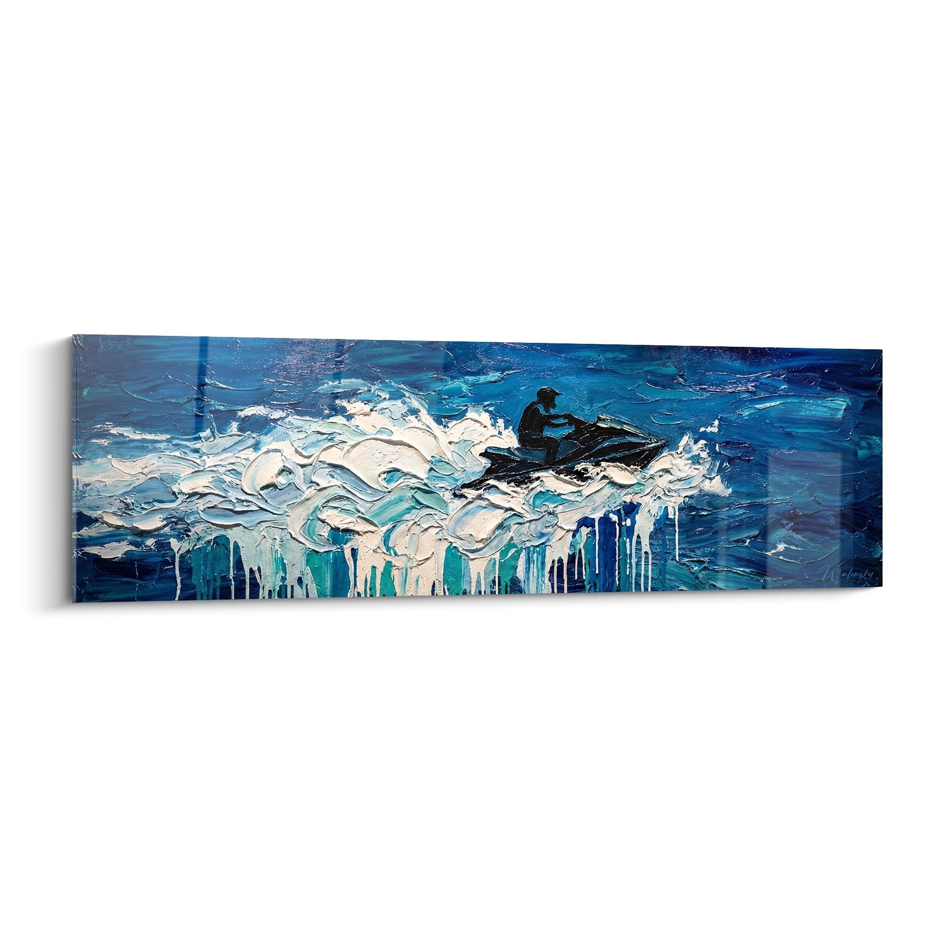 Tableau artistique jetski avec vagues bleues et ecume blanche, peinture texturee style moderne