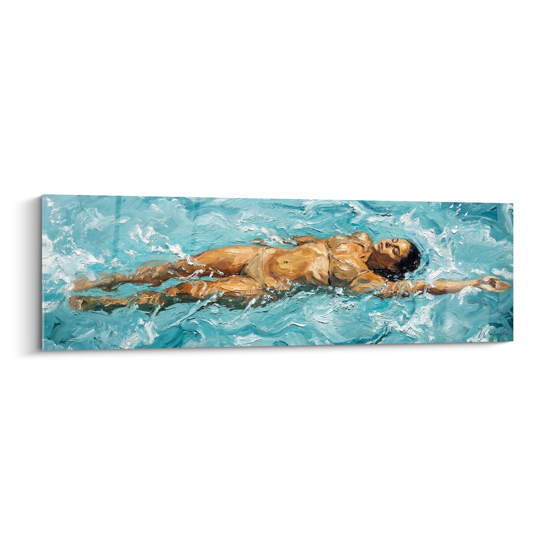 Tableau peinture nageur masculin dans eau turquoise mouvement natation art mural horizontal décoration