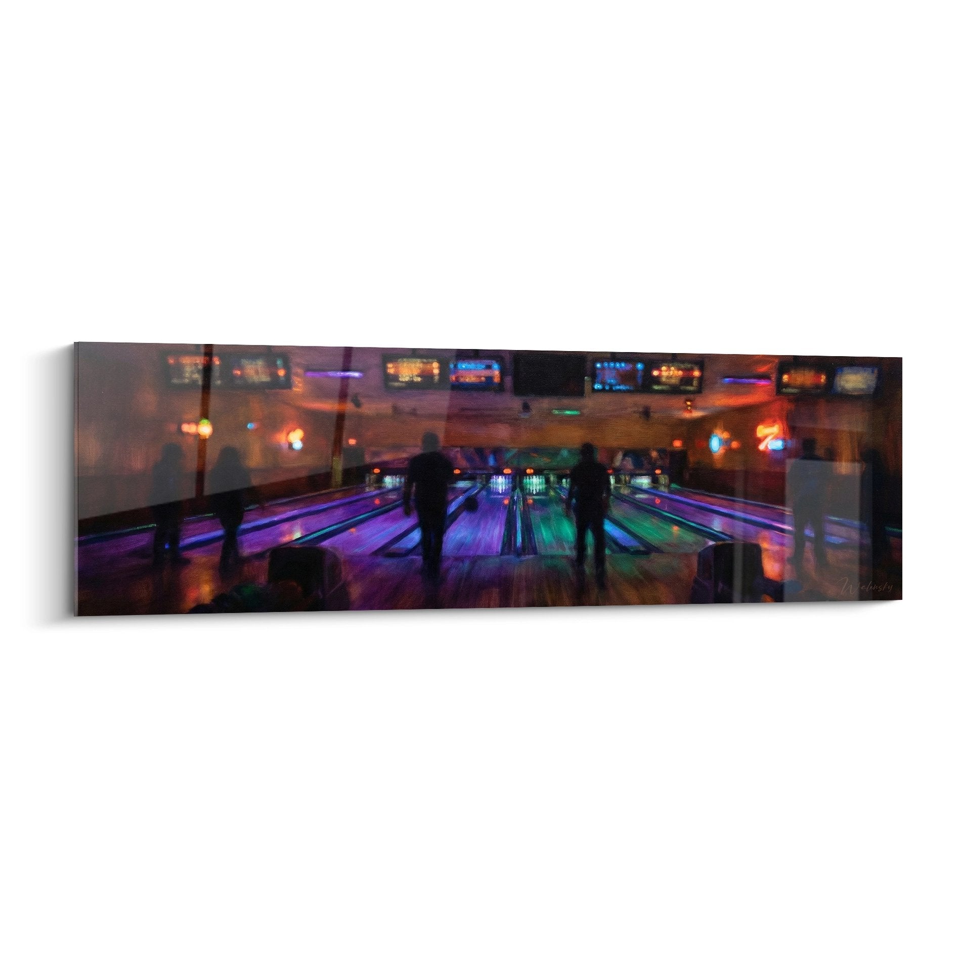 Neon bowling night wall art with purple and green neon lights, player silhouettes and vibrant colorful atmosphere