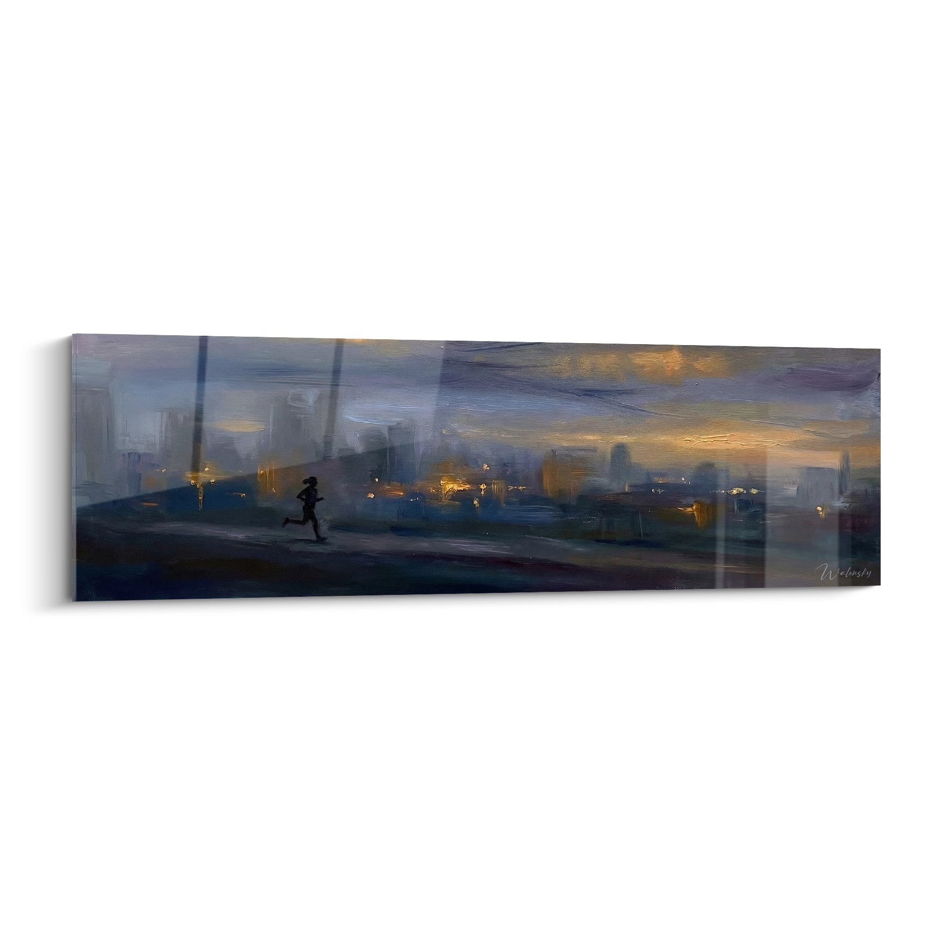 Urban runner artwork at dusk with runner silhouette and golden city lights