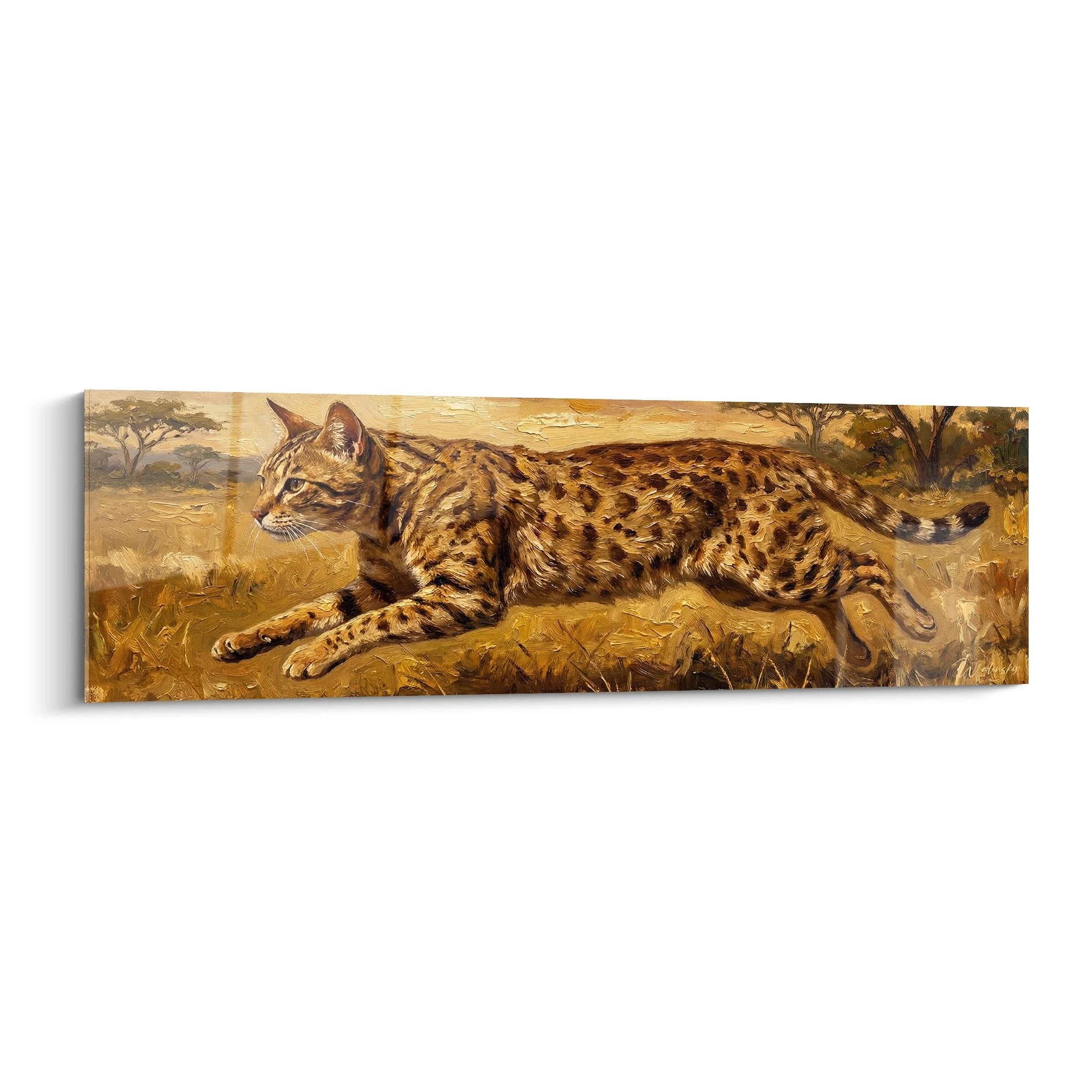 Tableau chat sauvage tachete couche sur rocher dans savane africaine avec acacias arriere plan style realiste