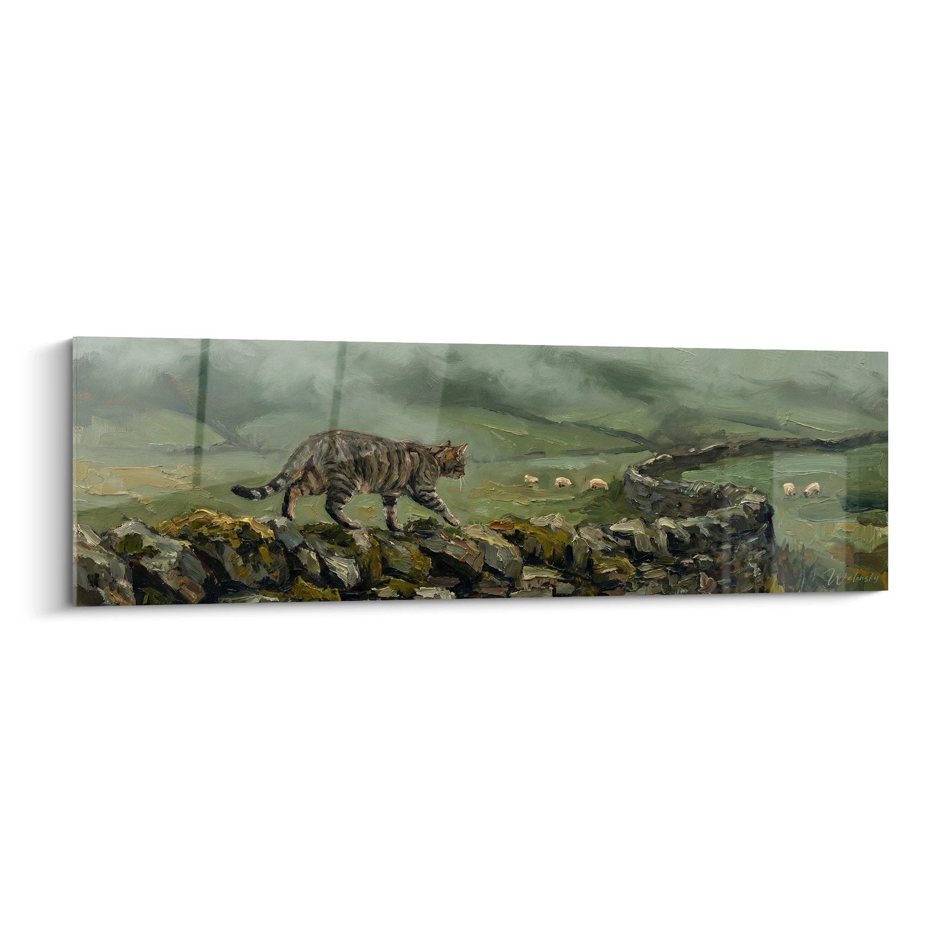 European Shorthair tabby cat painting on ancient stone wall in lush Scottish landscape