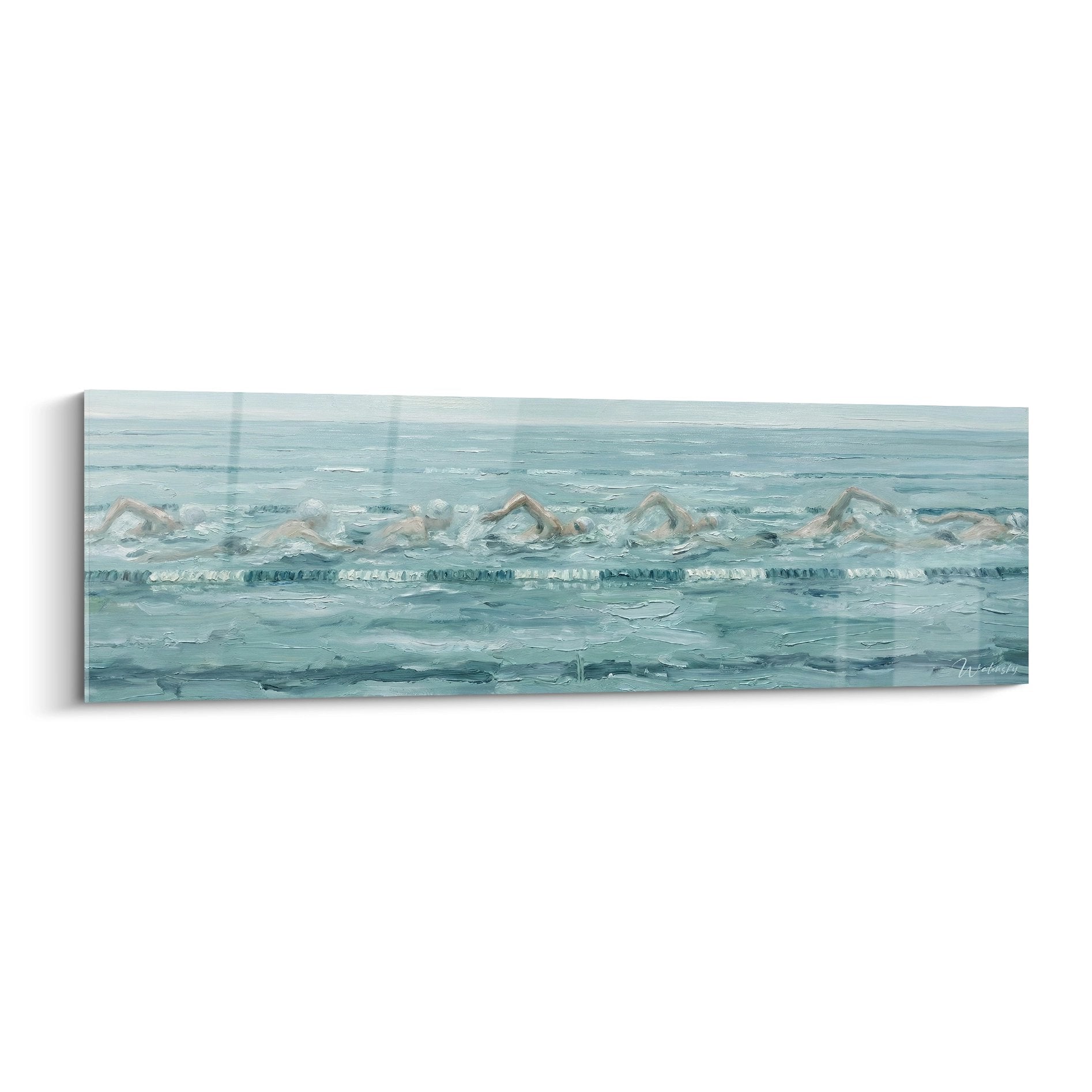 Swimming wall art depicting swimmers in motion in a pool with aqua and teal tones