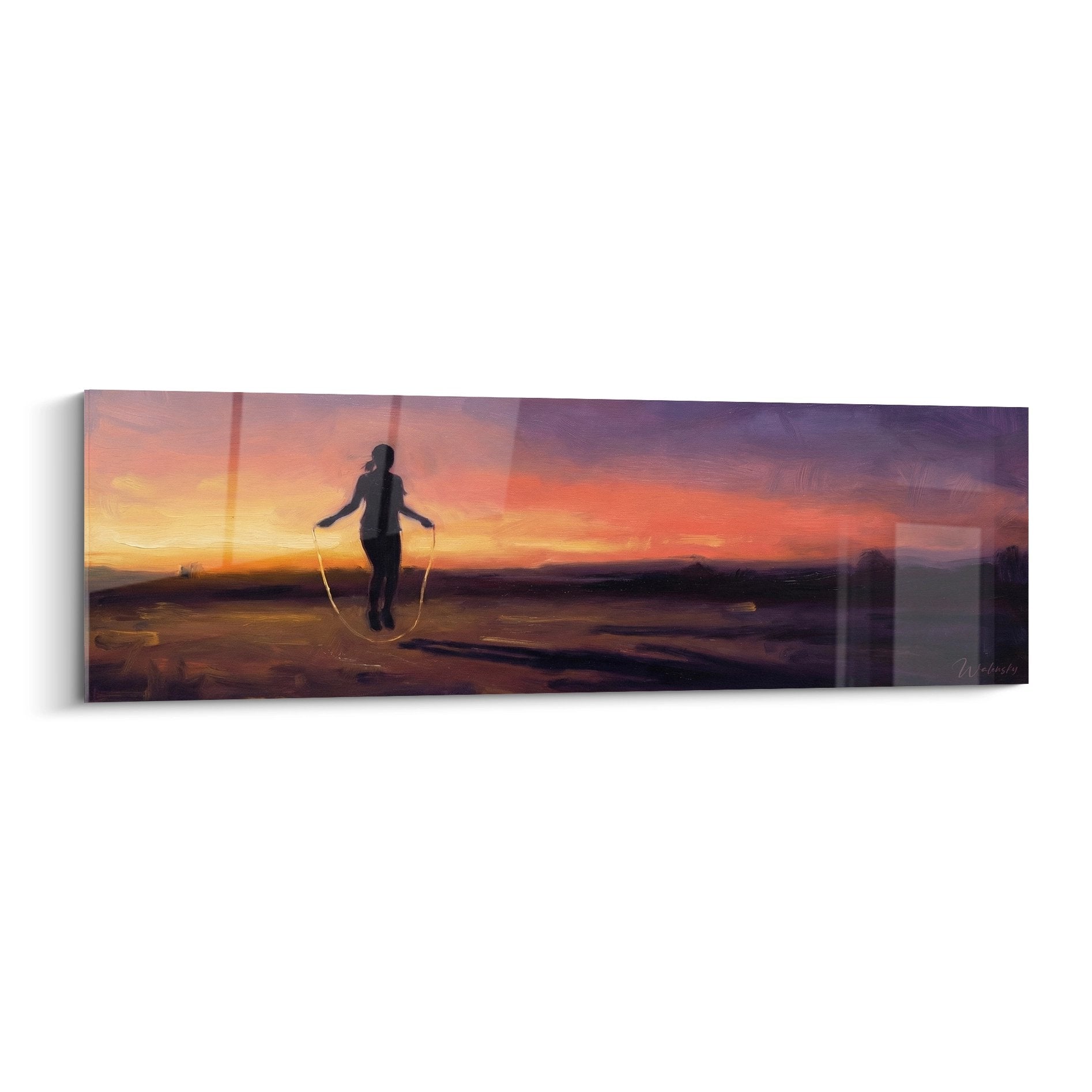 Wandbild Silhouette Frau Springseil Sonnenuntergang Dämmerungslandschaft Panoramaformat
