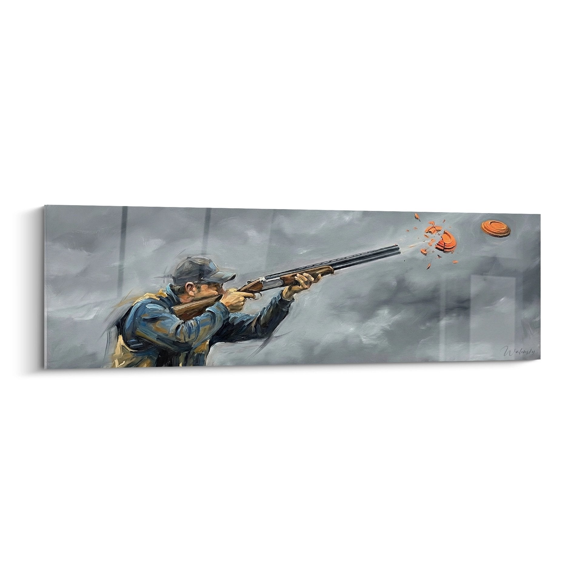 Clay target shooting painting aiming at orange targets cloudy sky sport shooting art