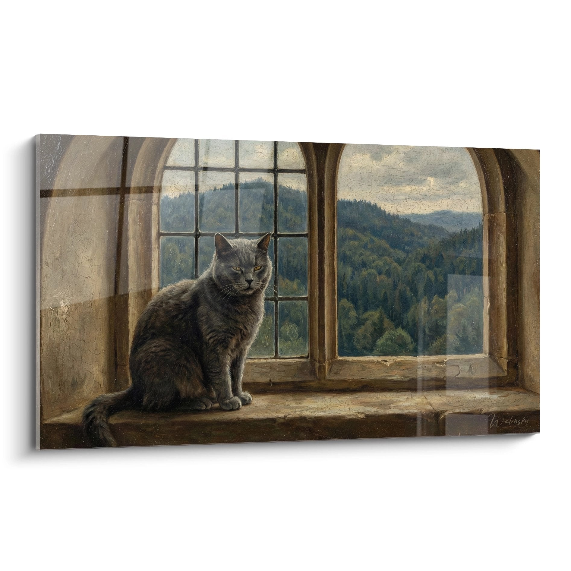 Quadro gatto certosino grigio seduto su davanzale che contempla paesaggio montano verde sotto cielo nuvoloso