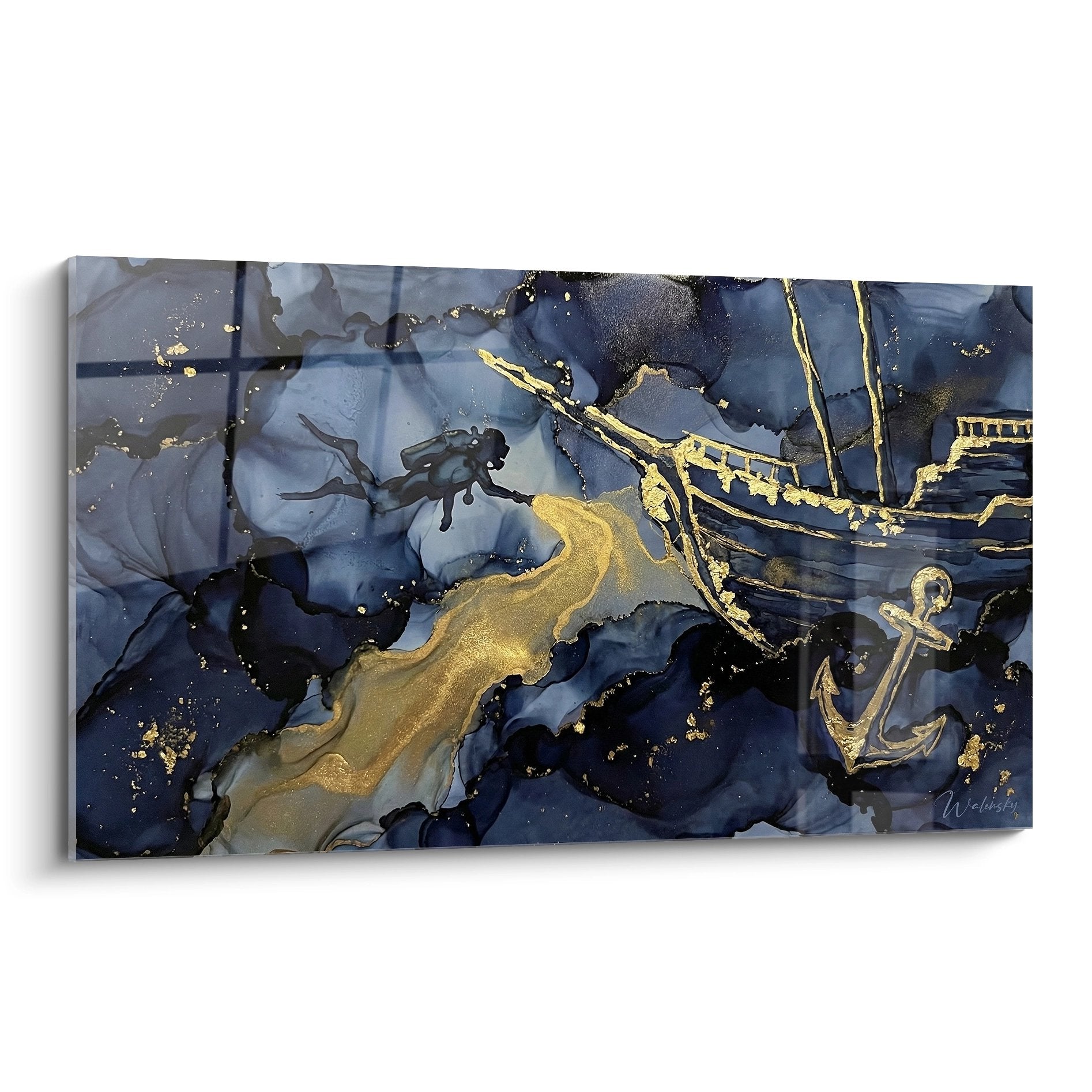 Tableau art mural ancre marine dorée sur fond bleu océanique abstrait style plongée sous-marine