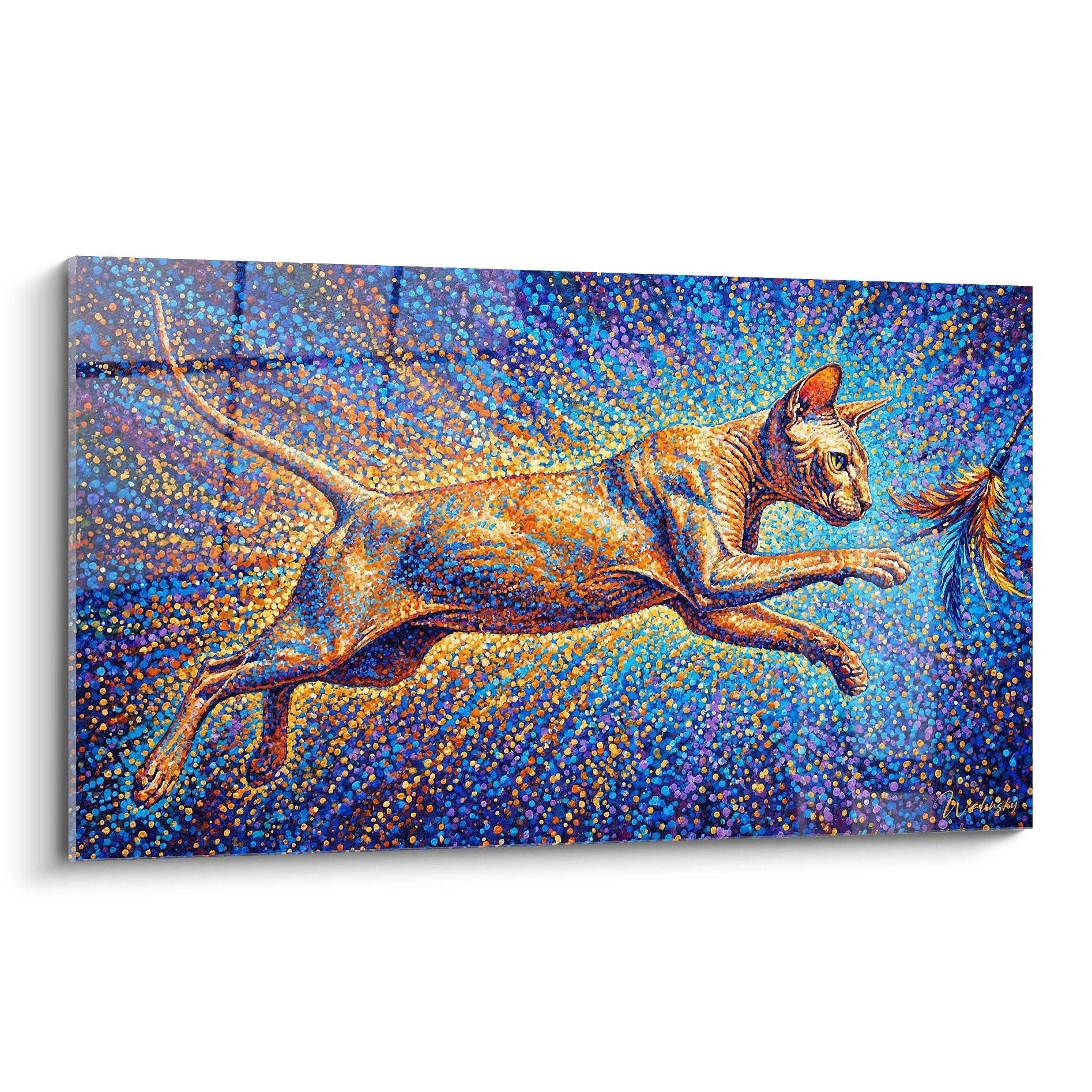 Quadro pointillismo gatto ala blu arancio arte murale moderno decorazione parete felino cosmico