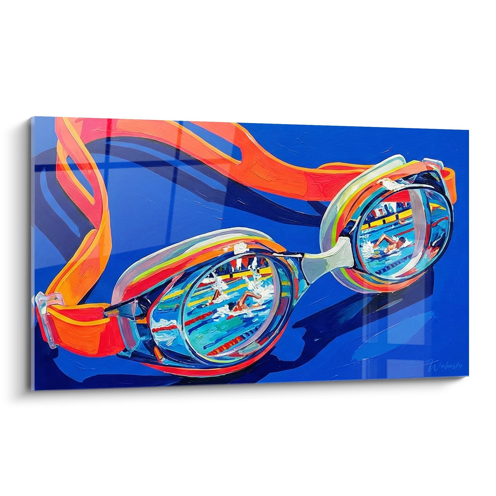 Tableau moderne lunettes de natation colorées sur fond bleu avec reflets multicolores art aquatique contemporain