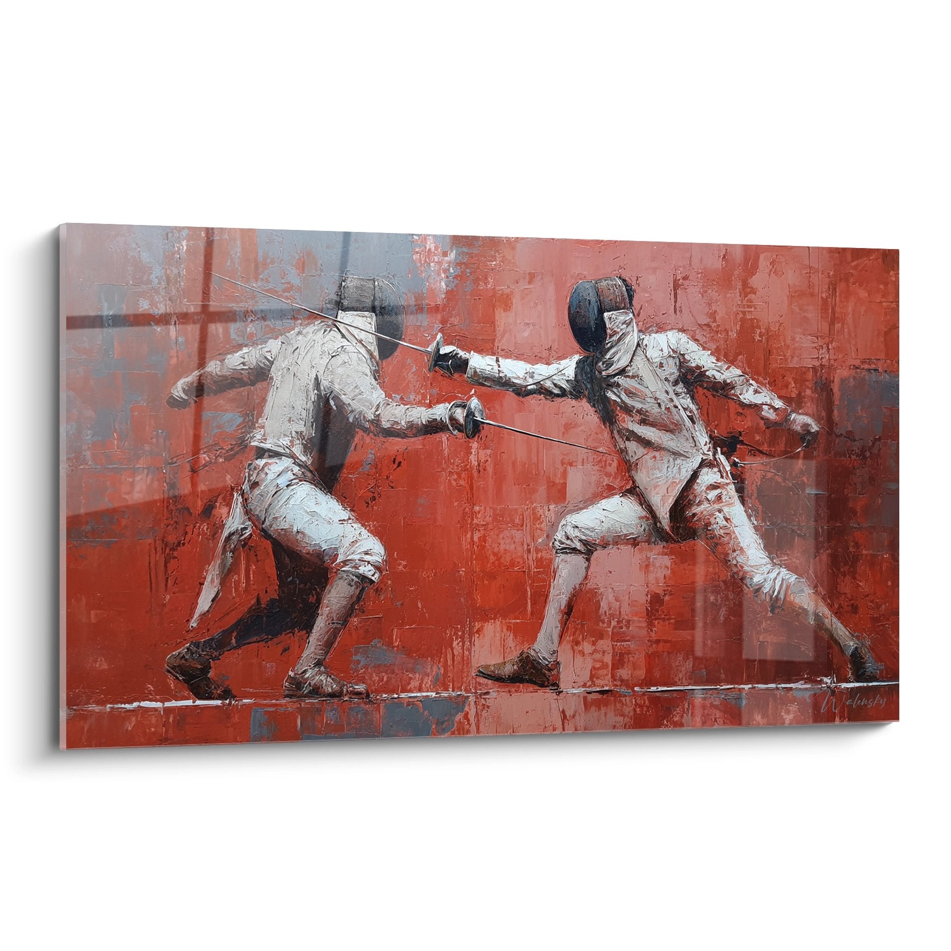 Tableau artistique représentant un duel d'escrime entre deux tireurs en tenue blanche sur fond rouge orangé