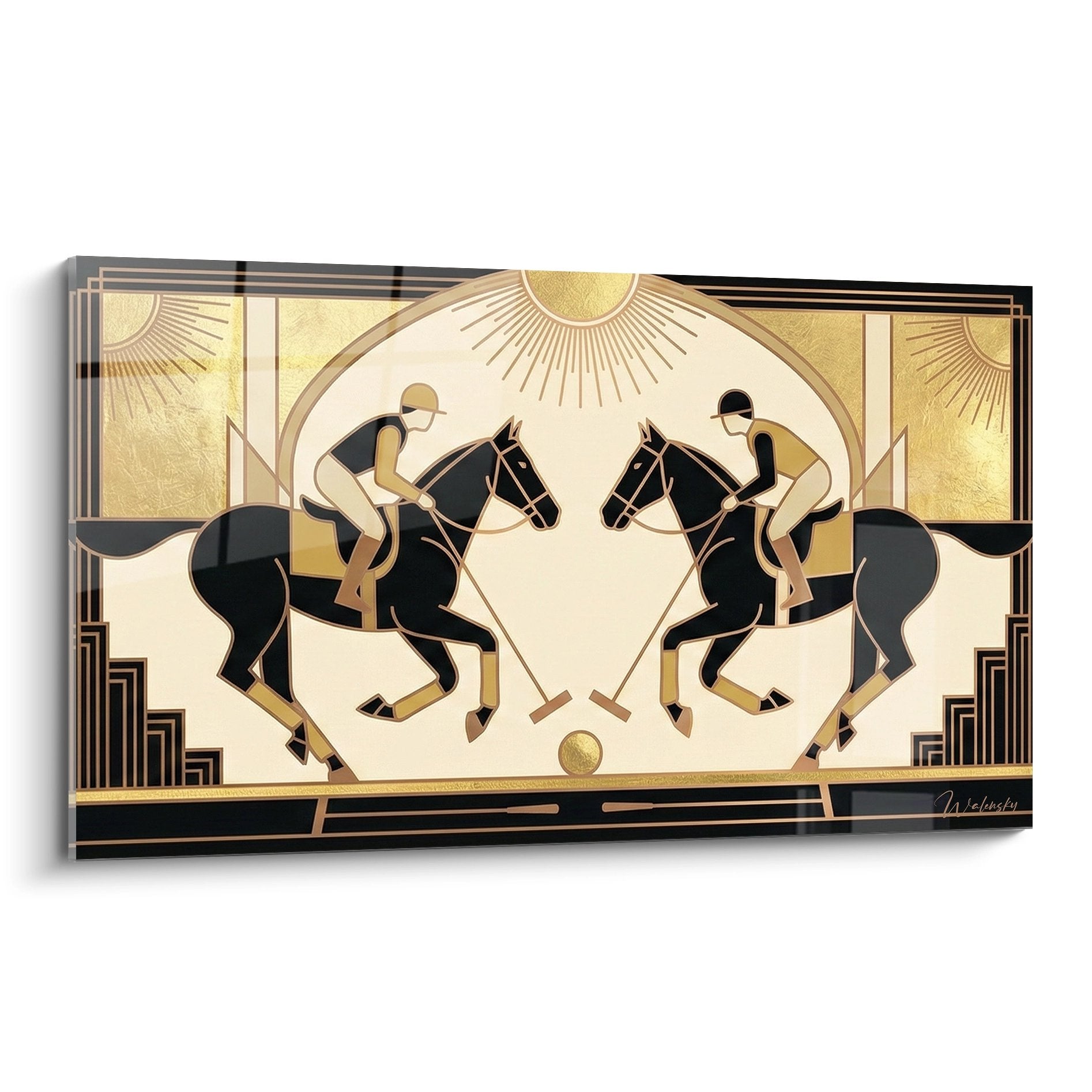 Art Deco style polo painting with two golden horsemen in equestrian duel under radiant sun, geometric motifs