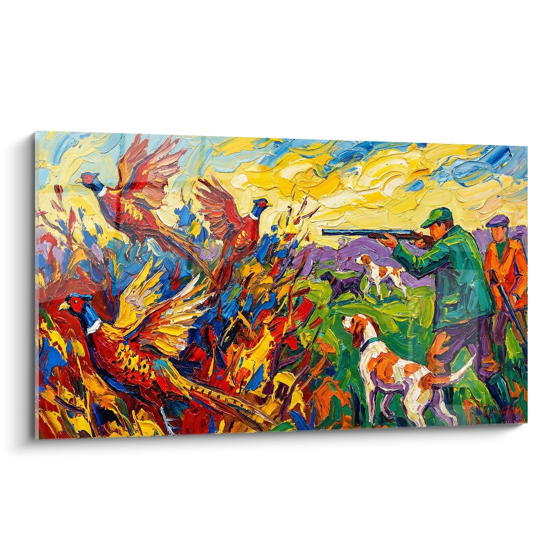 Tableau expressionniste chasse aux faisans envol coloré chasseurs chiens paysage automnal art mural gibier