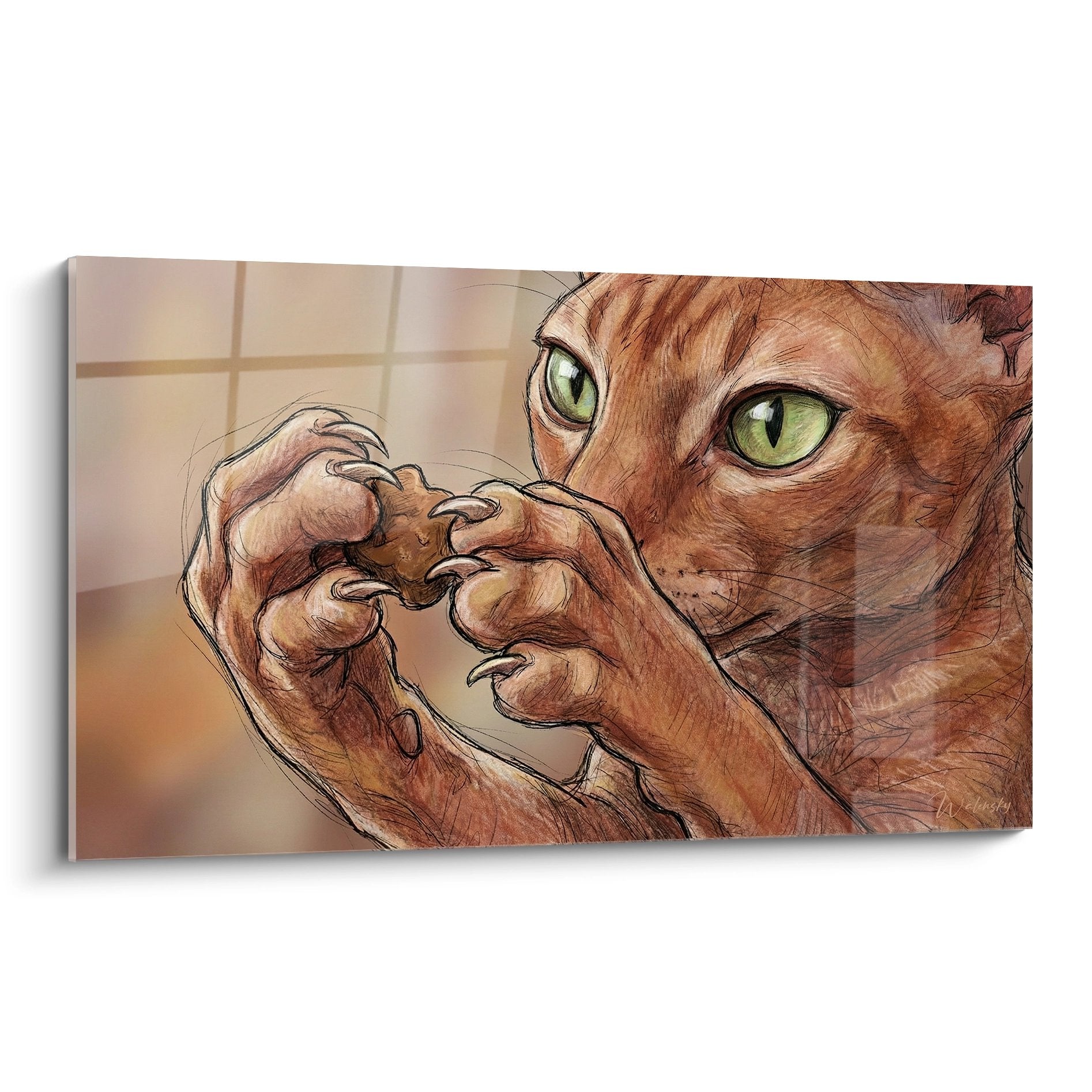 Quadro gatto Cornish Rex con occhi verdi che tiene le zampe vicino al viso, arte murale felina moderna