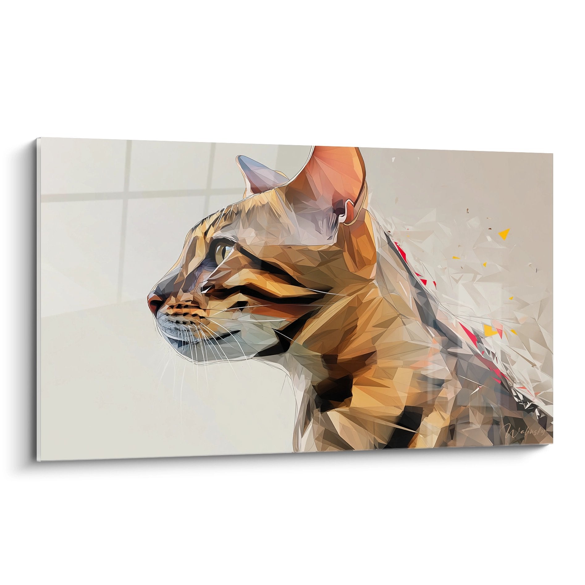 Tableau mural chat Toyger style polygonal art geometrique moderne tons chauds orange brun decoration interieure
