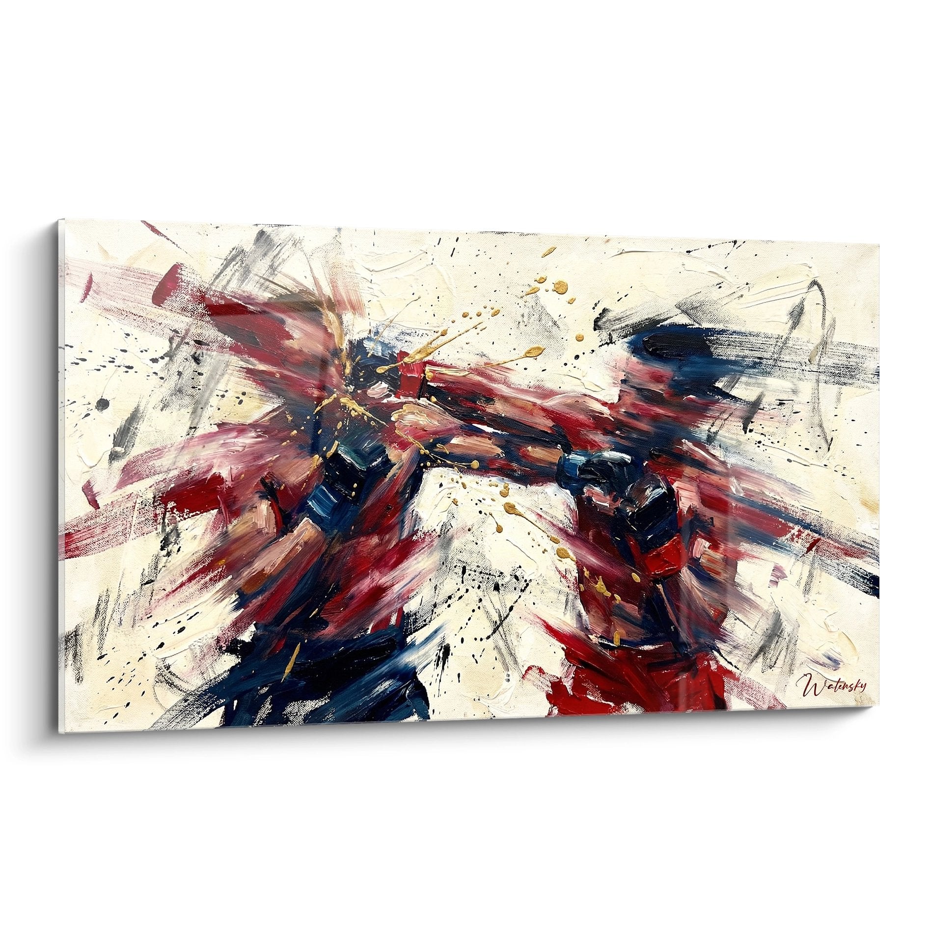 Tableau MMA abstrait explosion rouge bleu combat arts martiaux decoration murale moderne
