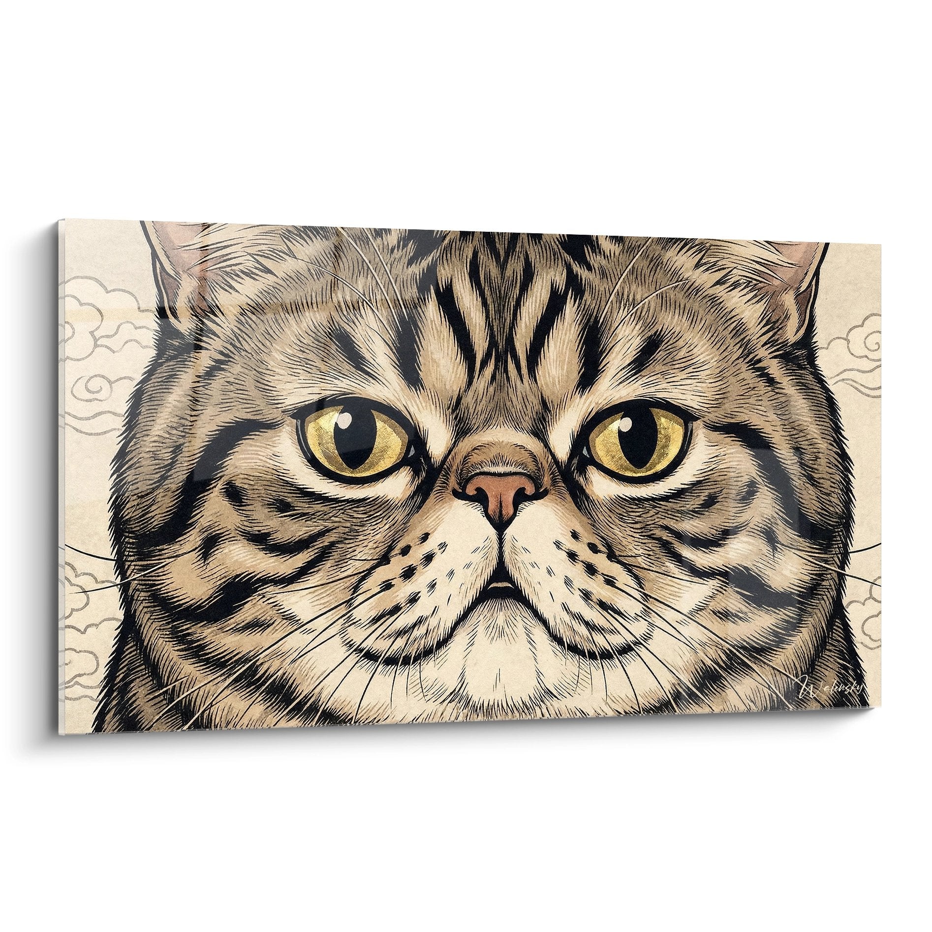 Ritratto artistico gatto Exotic Shorthair con occhi dorati su tela murale decorazione felina contemporanea