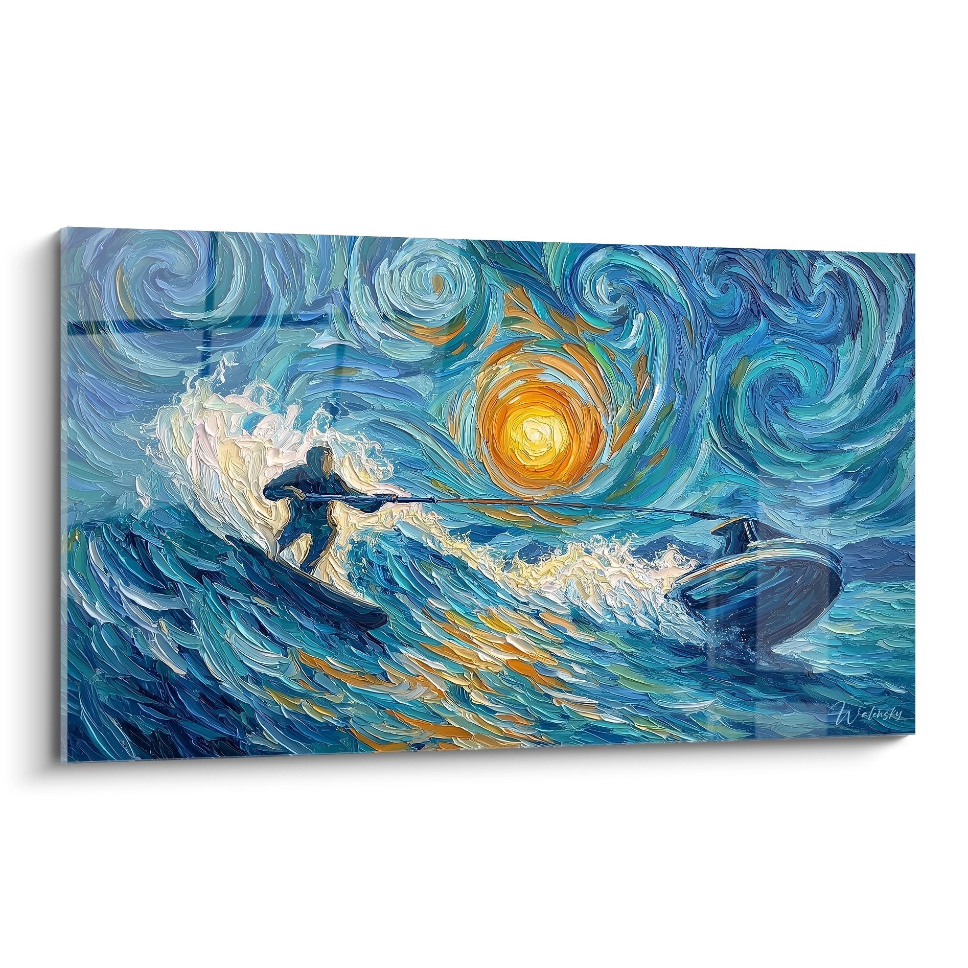 Quadro sci nautico stile Van Gogh con sciatore su onde sotto cielo stellato turbinante e sole arancione