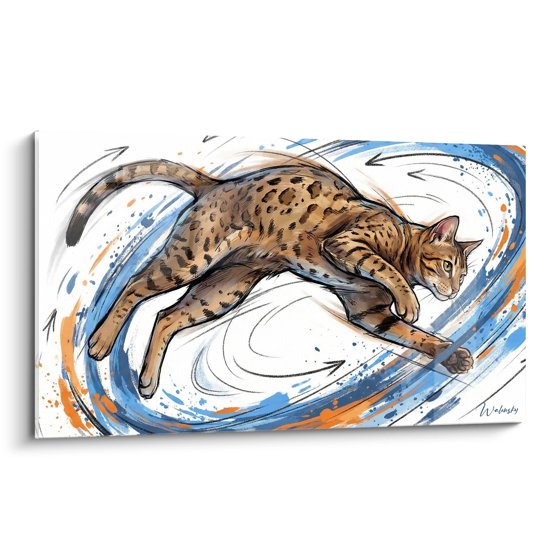 Tableau artistique chat Ocicat tachete en mouvement dans spirale bleue orange sur fond blanc moderne
