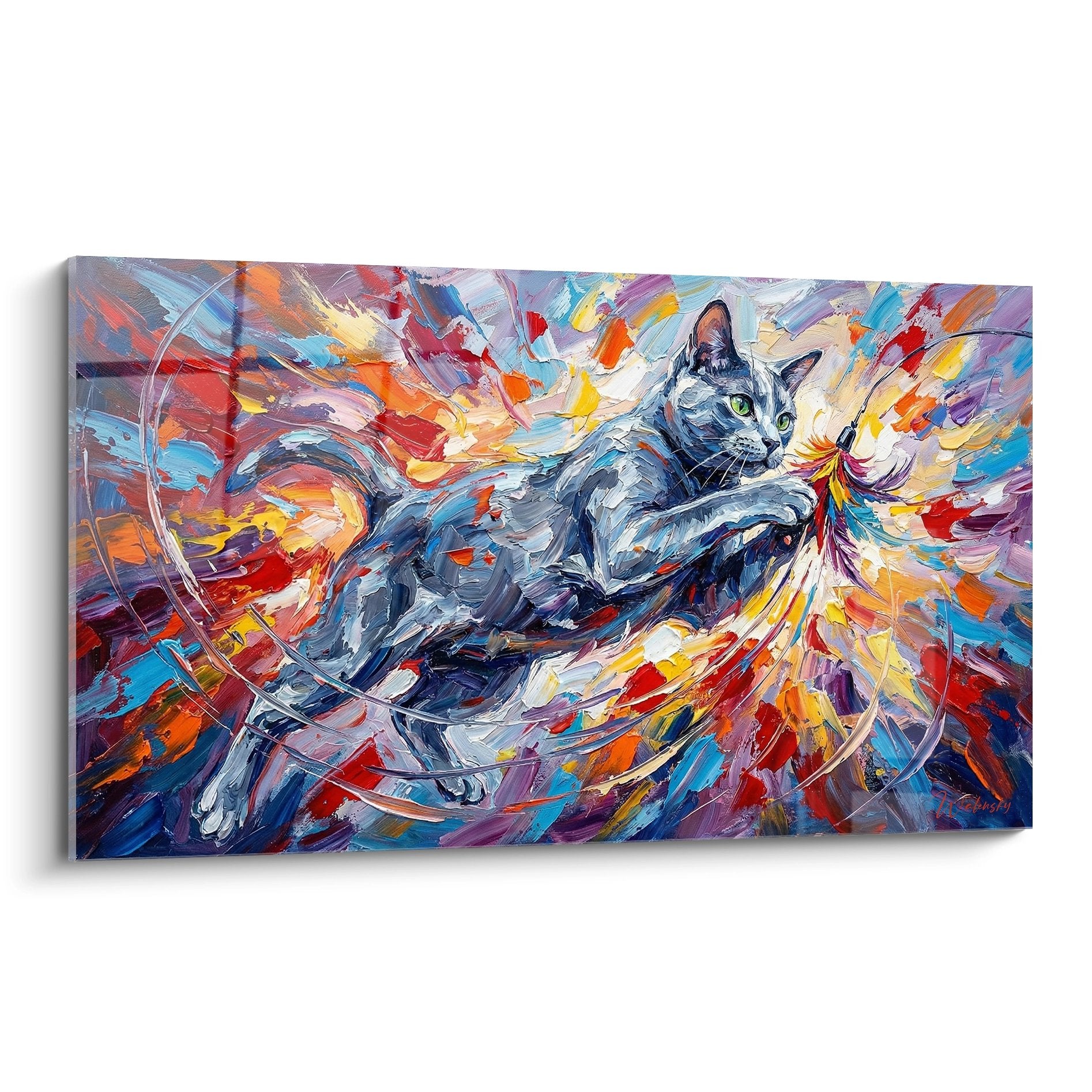 Expressionistisches Korat-Katzen-Gemälde mit grünen Augen auf vibrierendem mehrfarbigem Hintergrund im modernen Stil