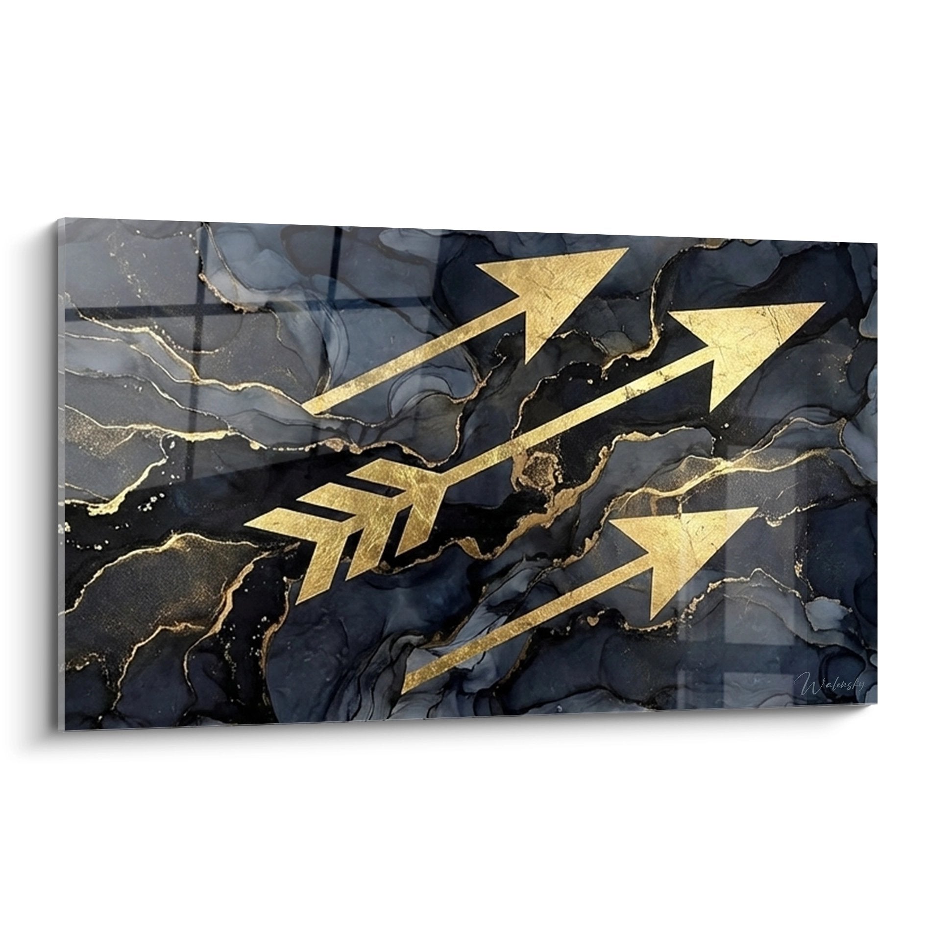 Tableau moderne flèches dorées sur fond marbré bleu-gris pour décoration tir à l'arc