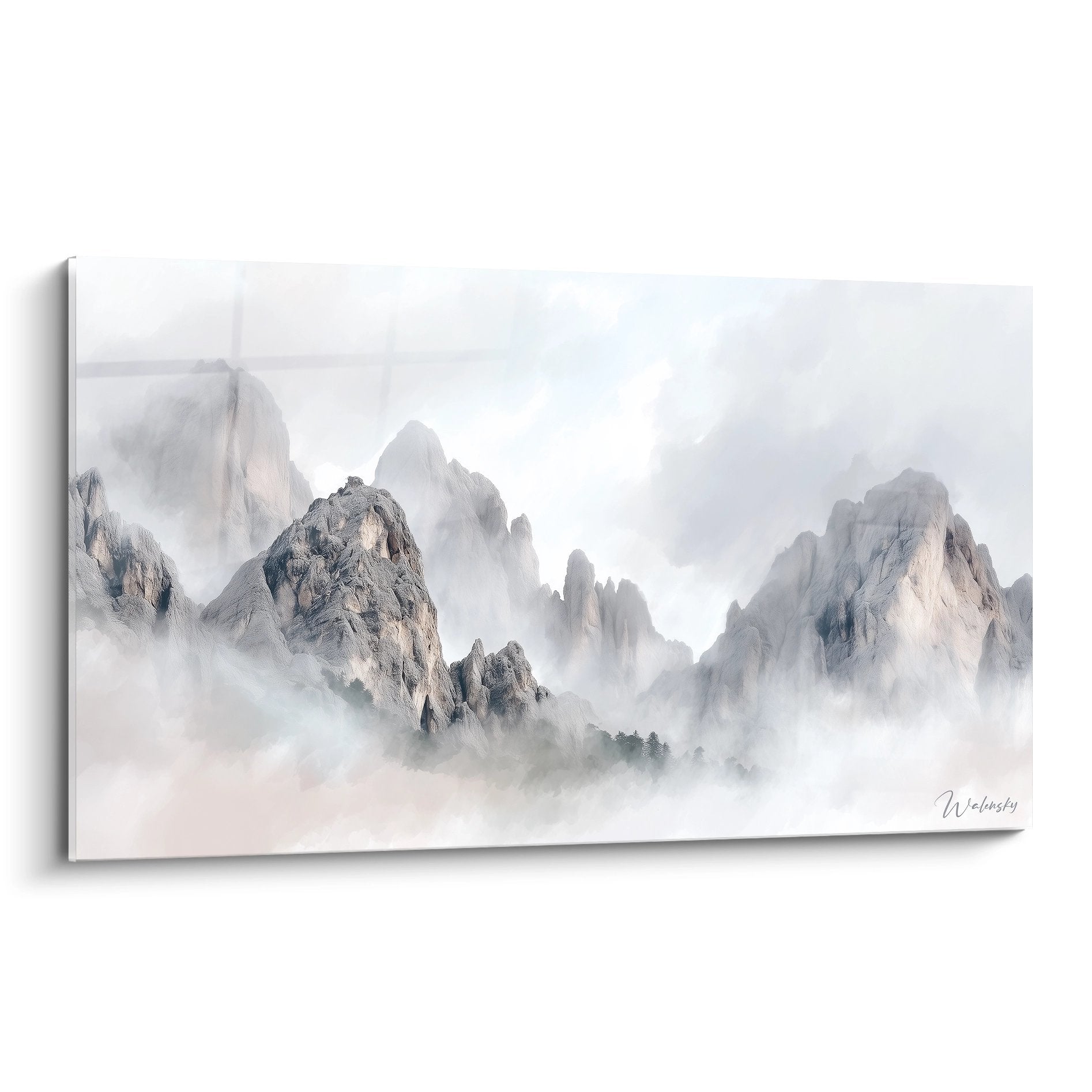 Misty mountain painting in gray and white tones, mystical alpine landscape with rocky peaks in morning mist