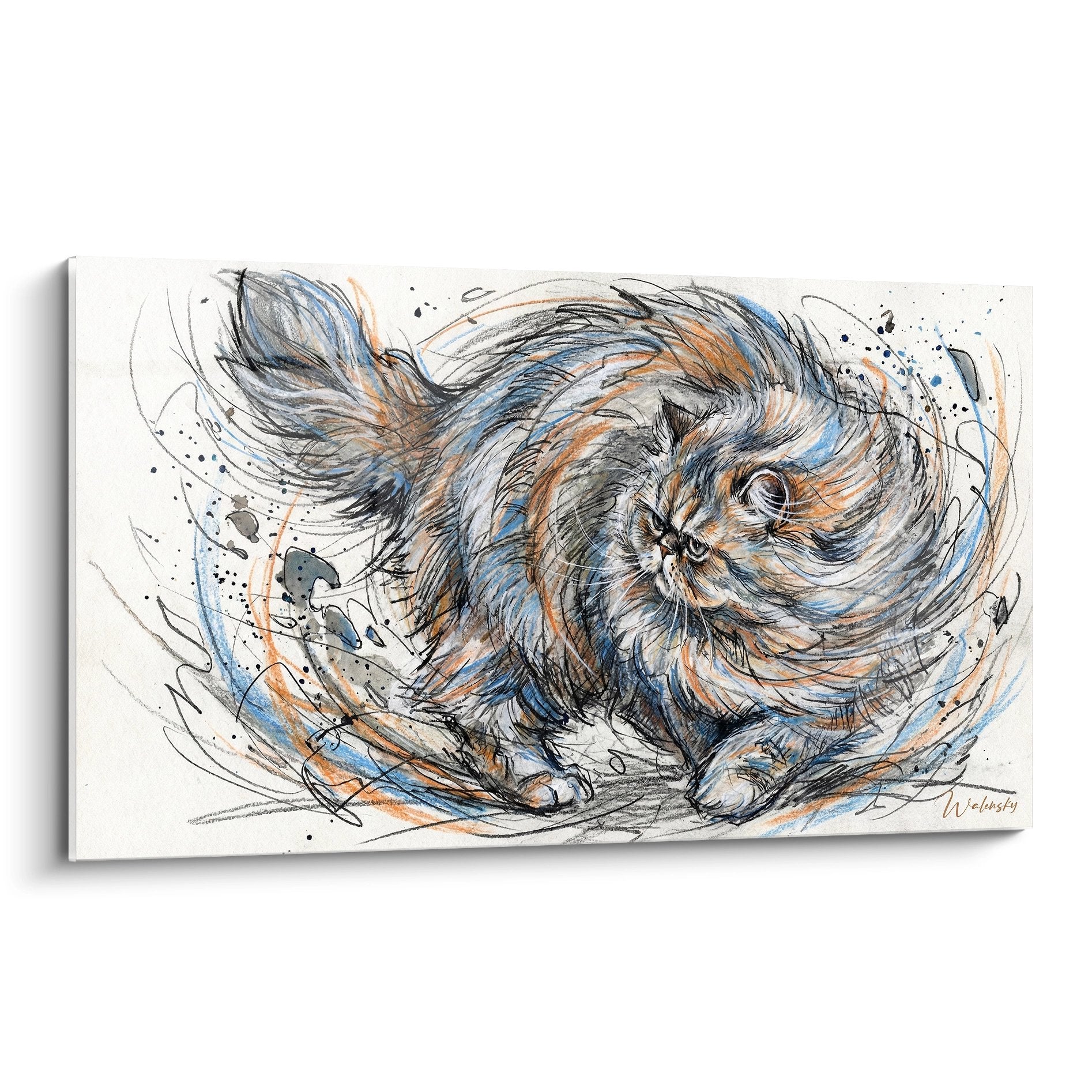 Tableau mural chat persan style expressif avec traits dynamiques bleus oranges sur toile moderne