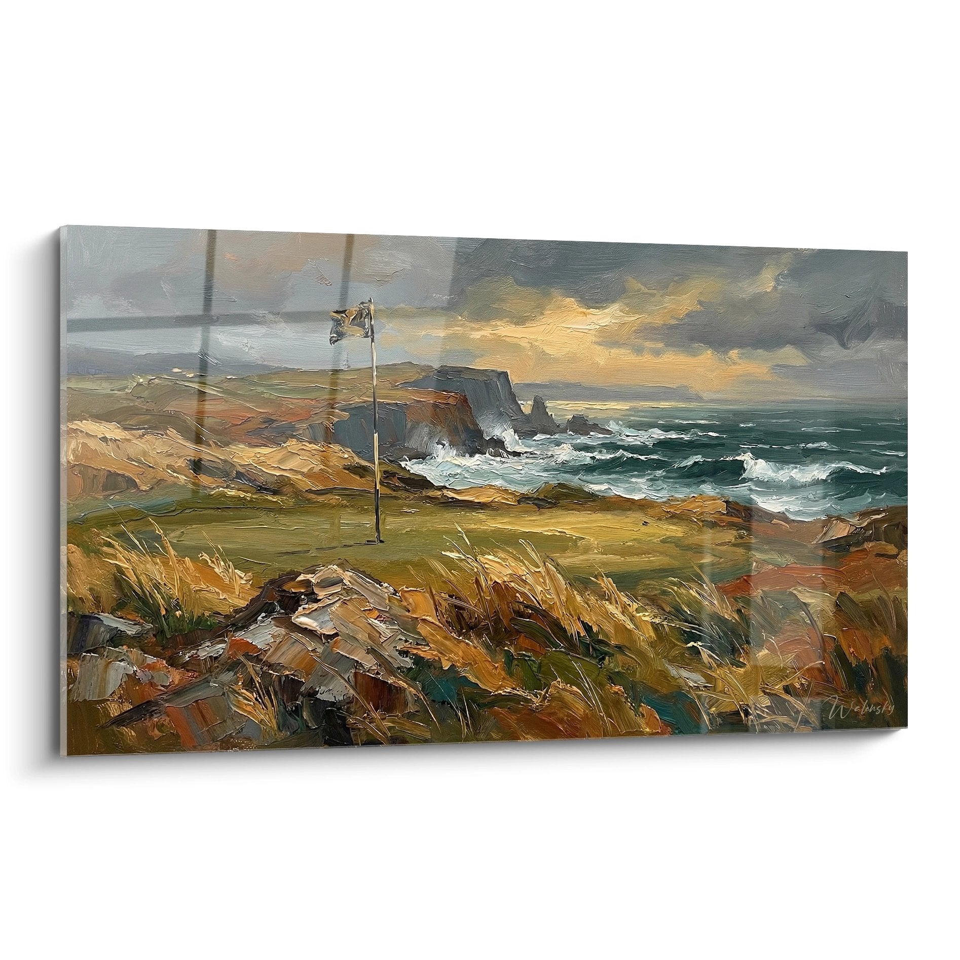 Tableau golf paysage côtier avec fairway en bord de mer, falaises et océan sous ciel orageux