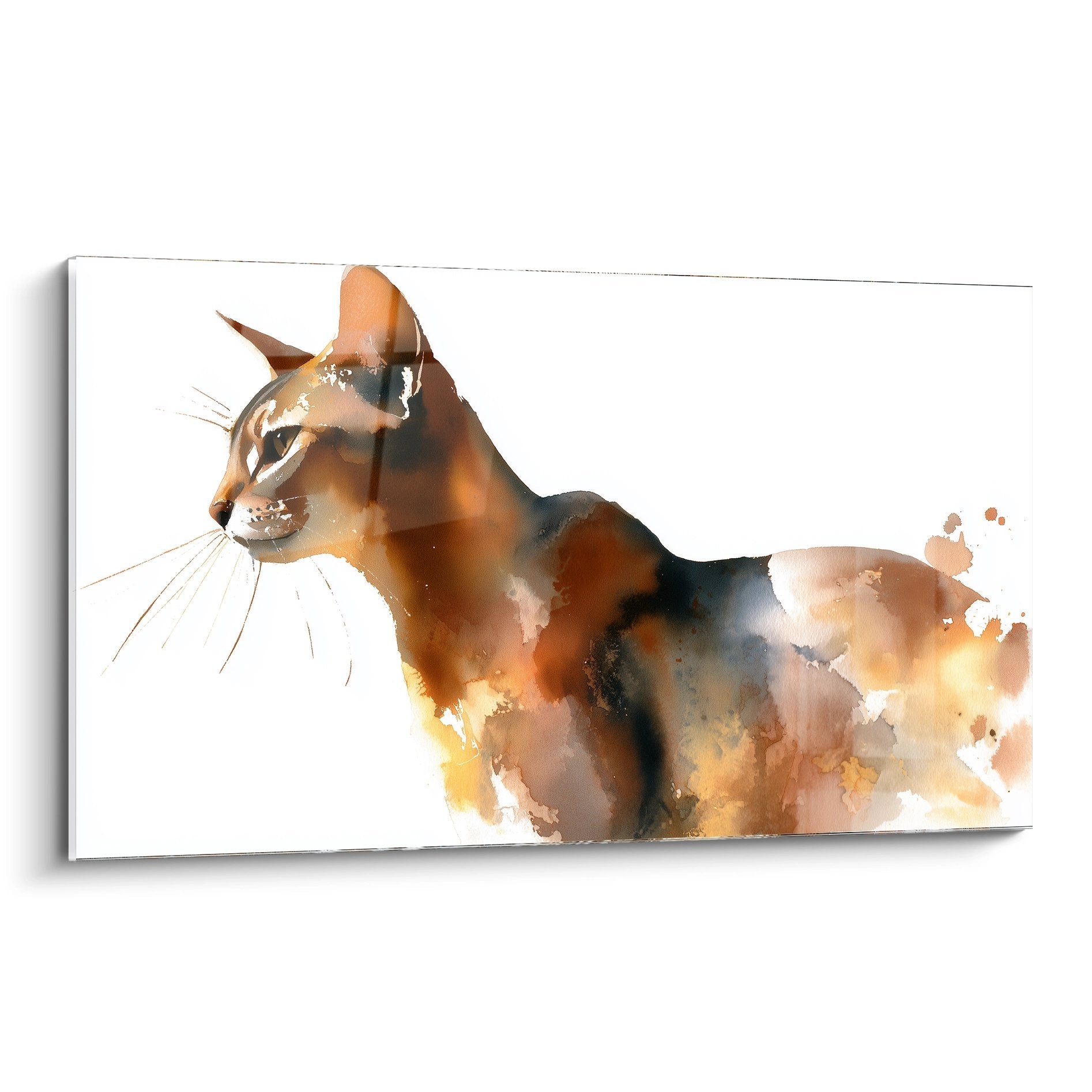 Quadro acquerello gatto Abissino profilo toni caldi ocra arancione decorazione murale moderna arte felina