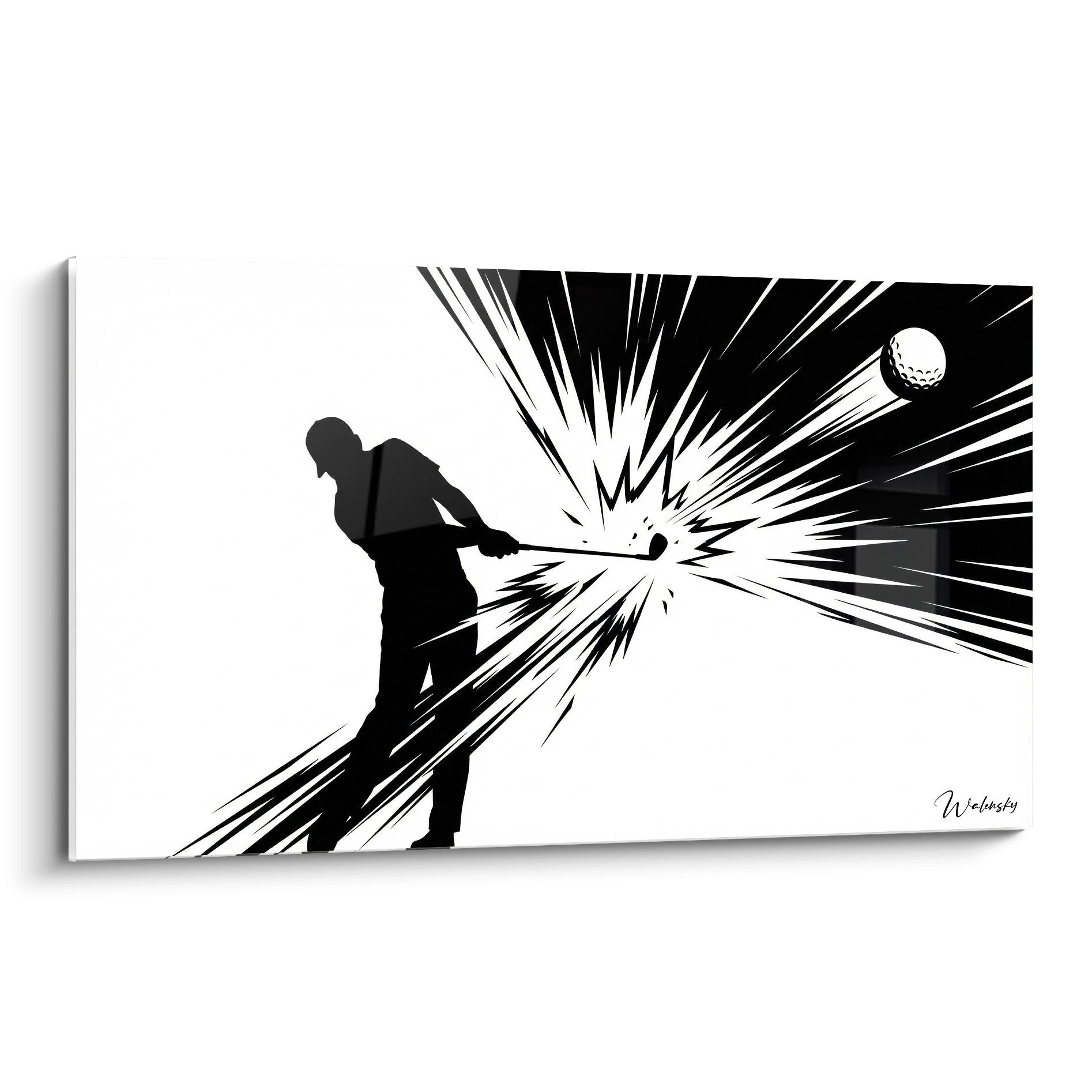 Tableau golf swing dynamique noir et blanc avec effet d'impact et lignes de force radiantes