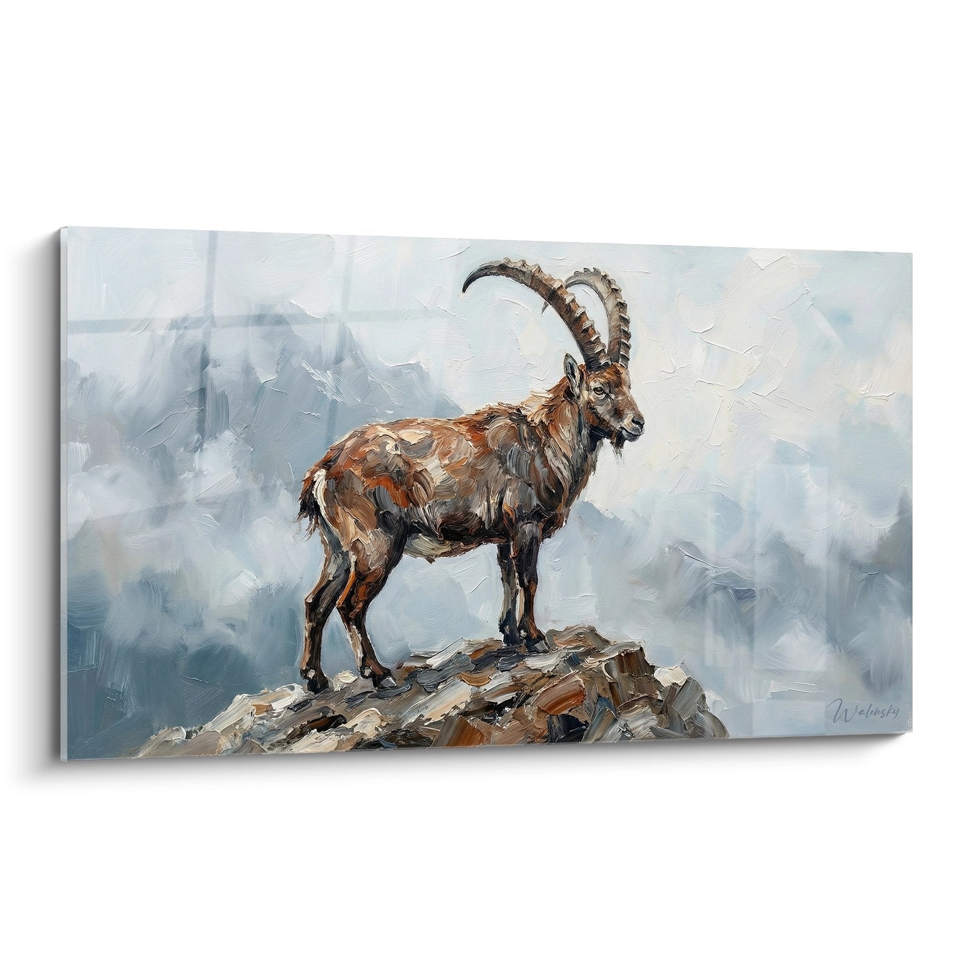 Quadro di uno stambecco alpino su roccia con montagne innevate sullo sfondo nello stile della pittura a olio