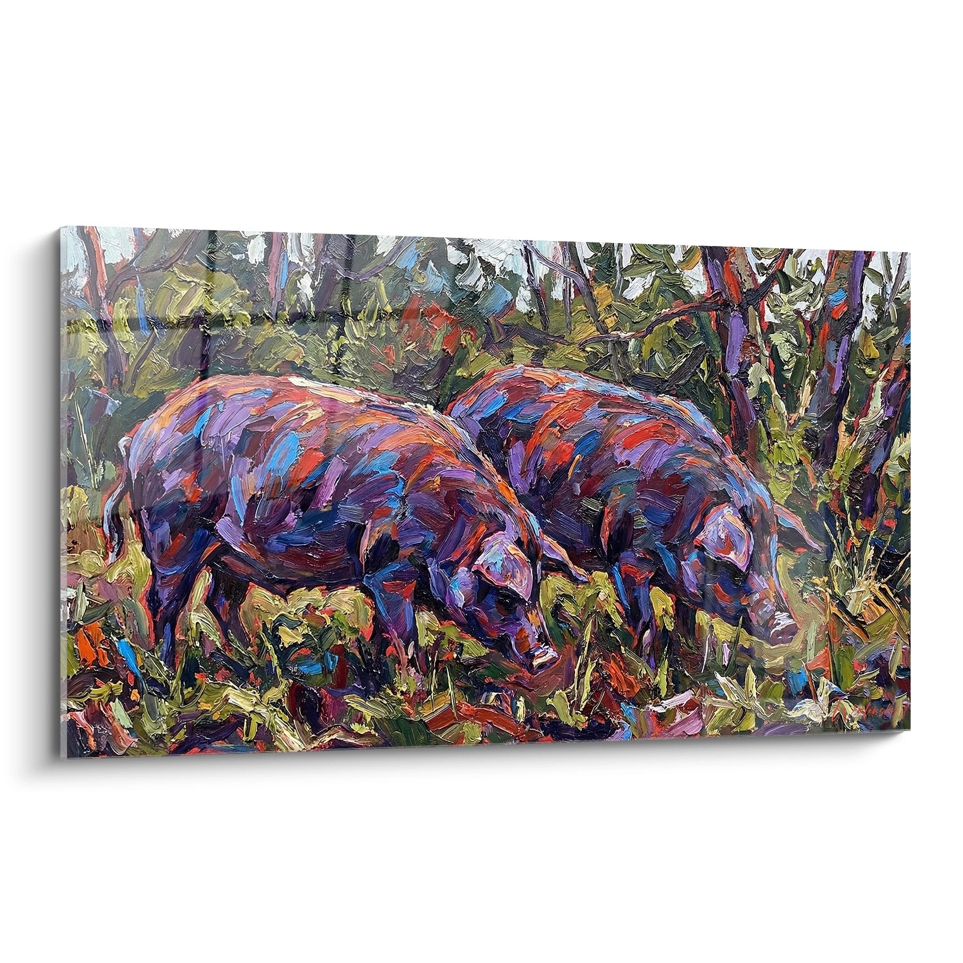 Tableau de deux sangliers corses peints aux couleurs vives dans le maquis mediterraneen, style impressionniste moderne