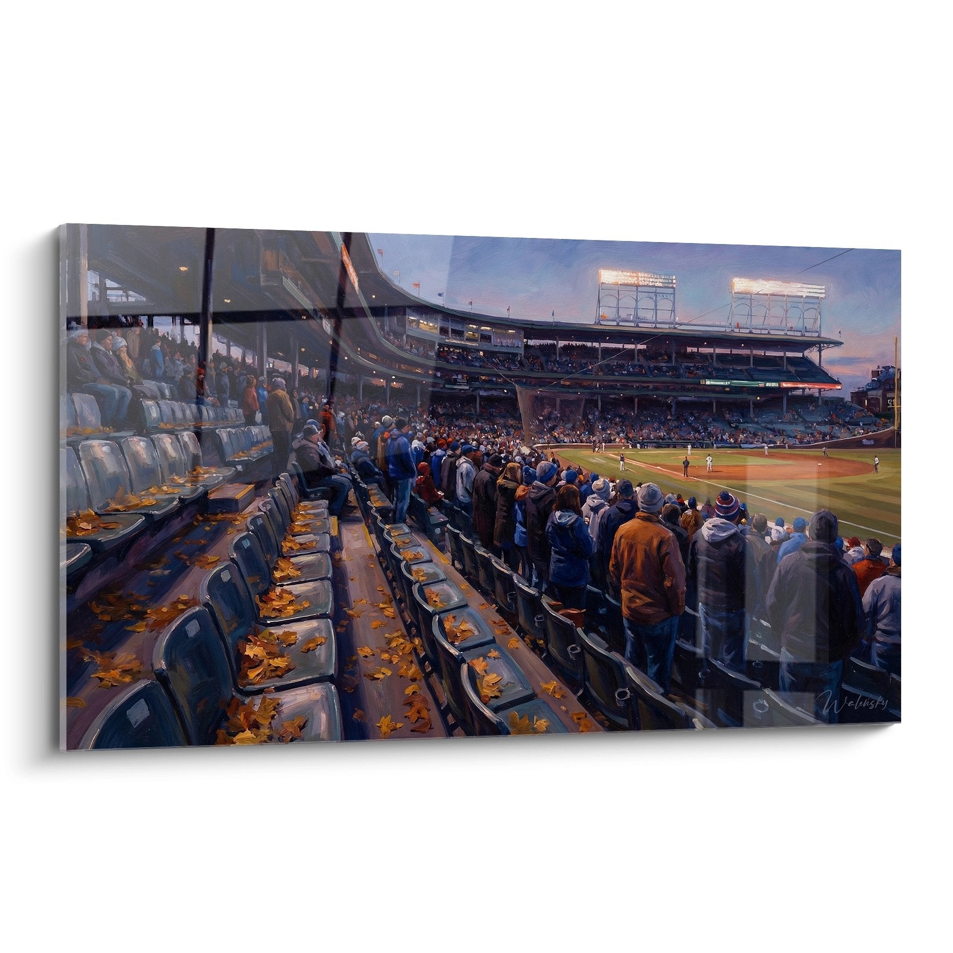 Tableau artistique d'un stade de baseball automne avec spectateurs debout et feuilles dorees sur les sieges vides