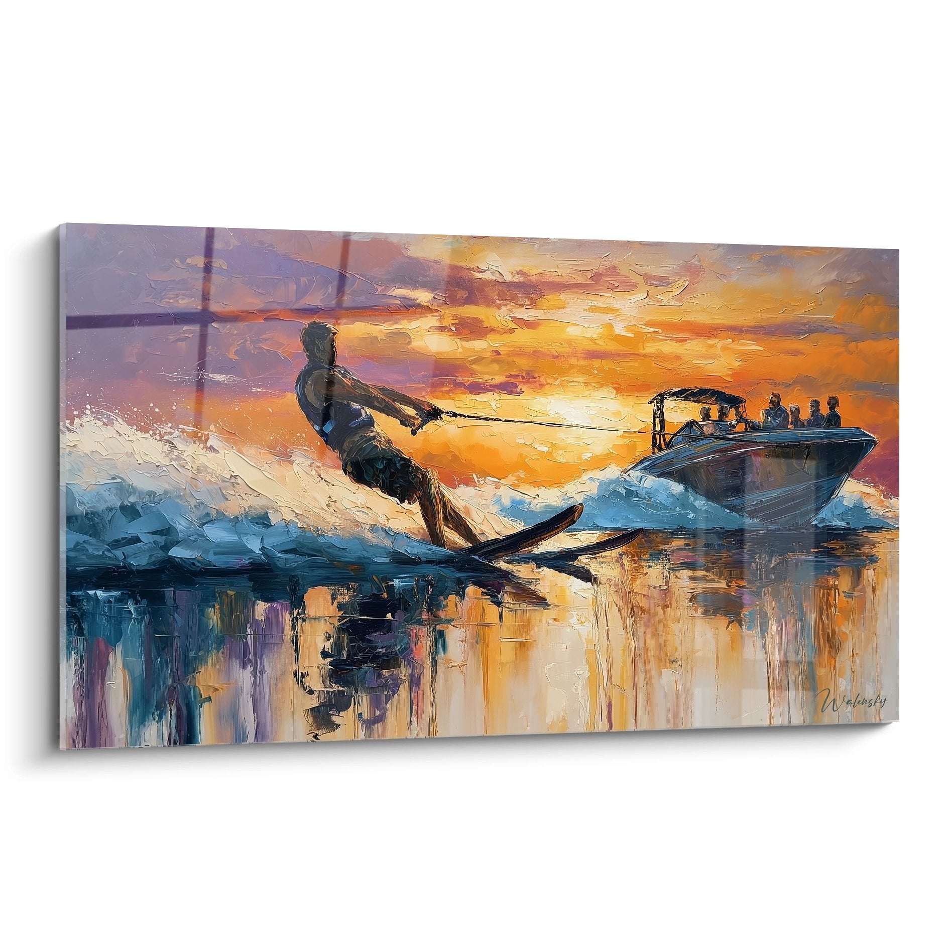 Quadro sci nautico tramonto con sciatore in azione su acqua dorata e riflessi