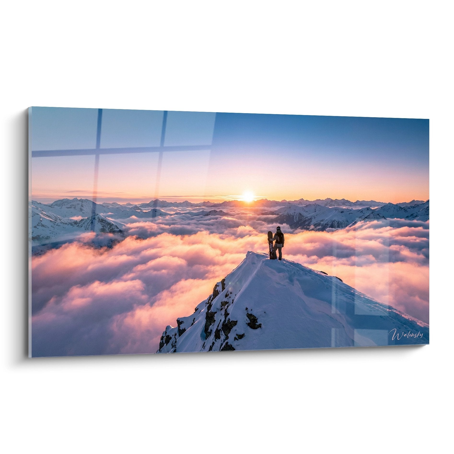 Tableau deux snowboardeurs au sommet montagne dominant ocean nuages coucher soleil decoration murale snowboard