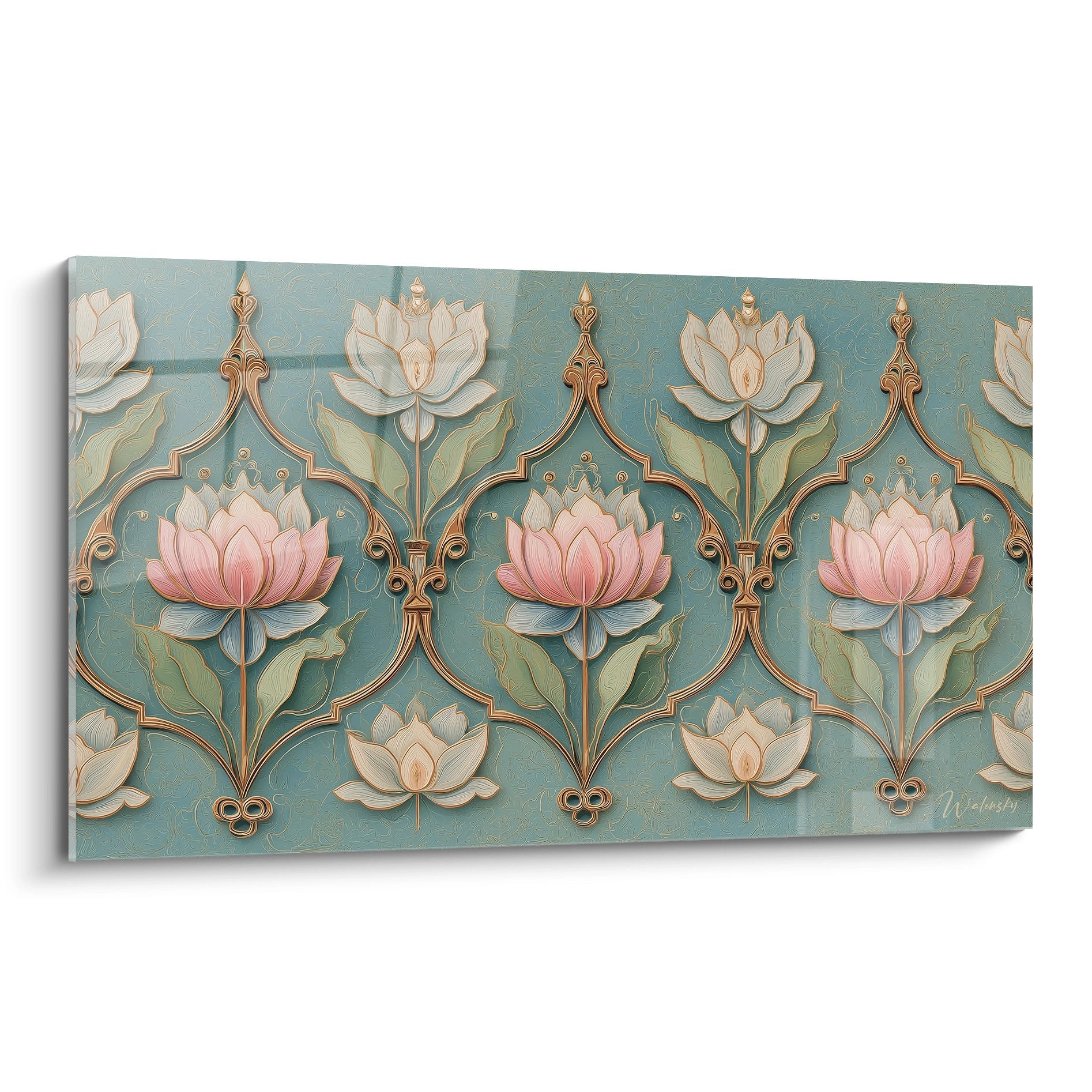 Art deco wall art with pink and white lotus motifs on jade green background with geometric gold ornaments