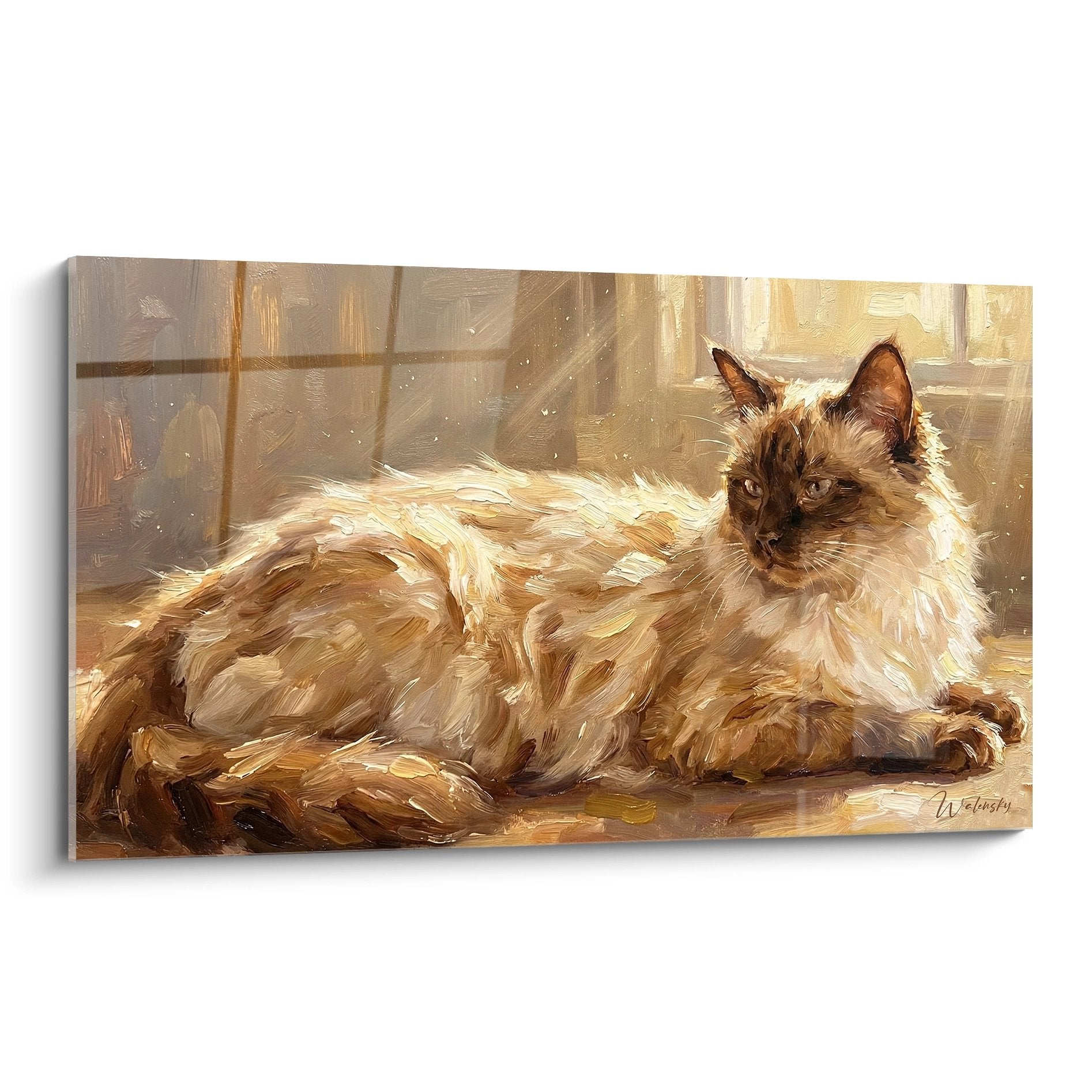 Balinese cat painting artwork lying in golden light near a window, decorative feline wall art