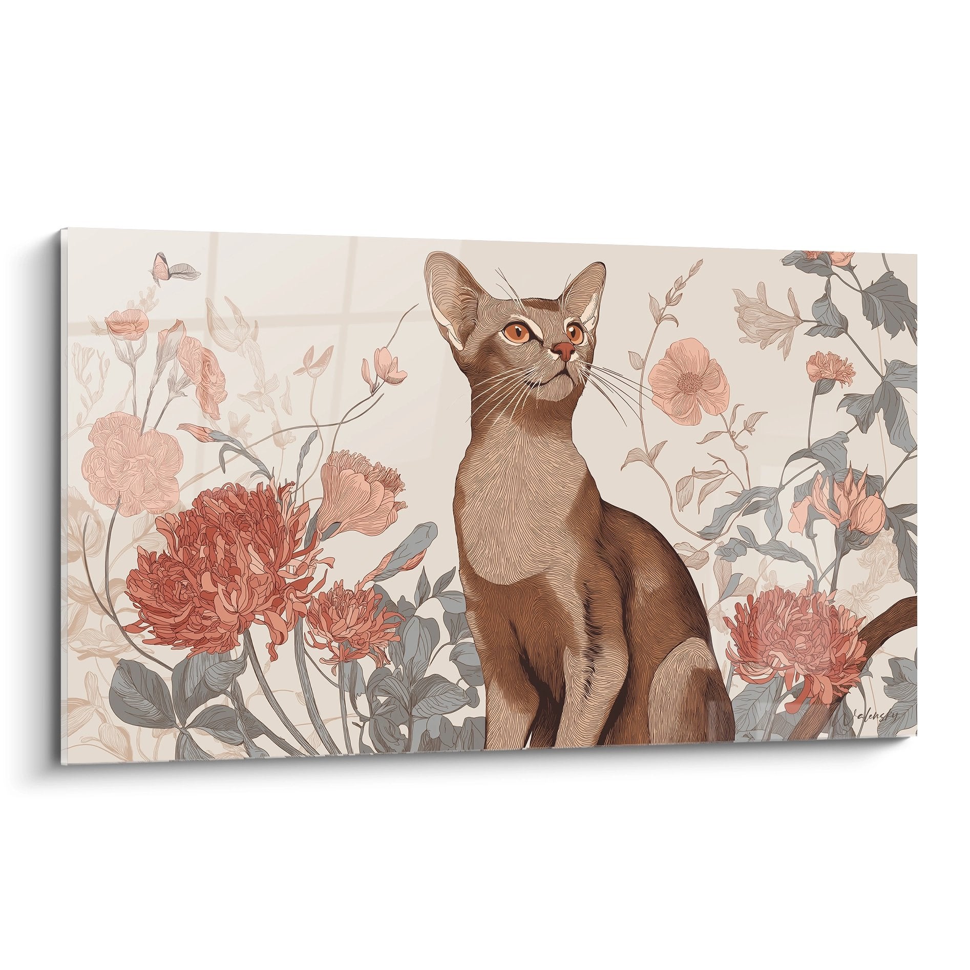 Quadro artistico gatto Abissino rosso seduto tra crisantemi rosa e fiori corallo su sfondo beige
