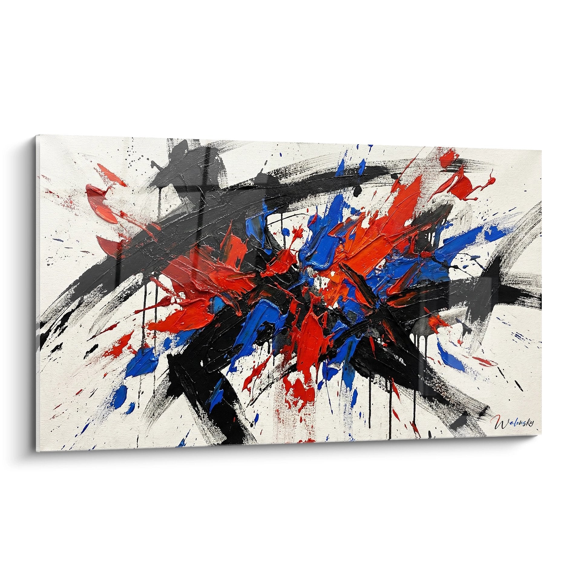 Tableau abstrait explosion rouge bleu noir, art mural moderne football dynamique sur toile