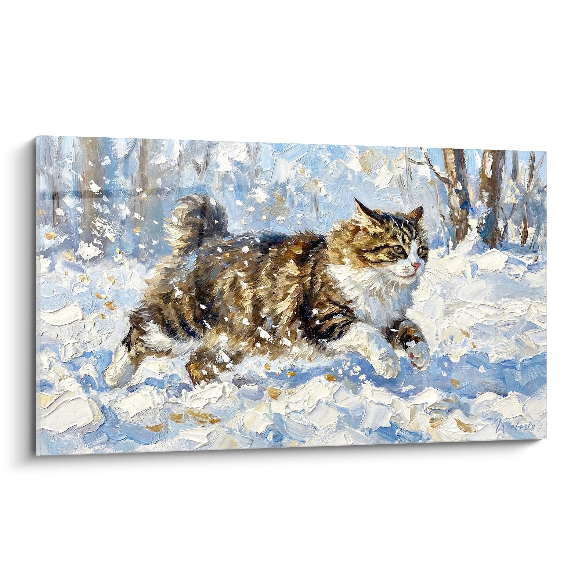 Impressionist painting Kurilian Bobtail cat walking in falling snow, winter landscape, feline painting