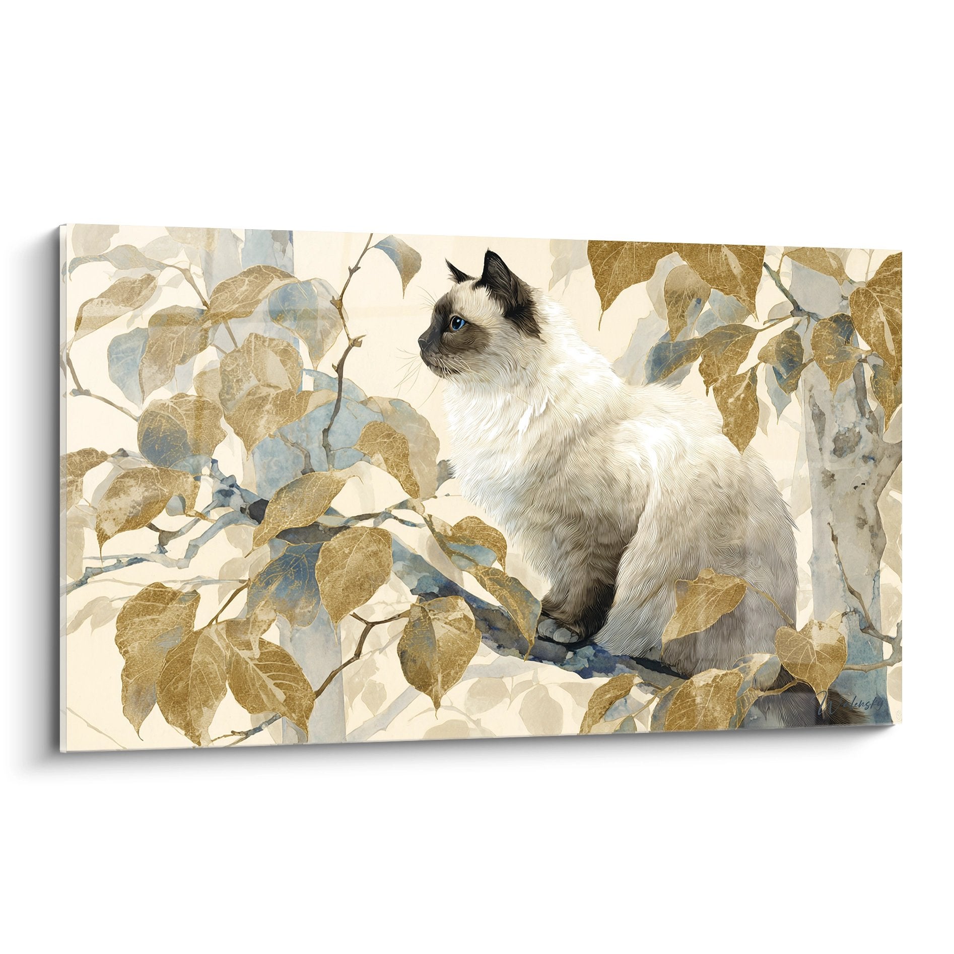 Quadro murale gatto Birmano con occhi blu posto tra fogliame dorato autunnale decorazione murale felina elegante