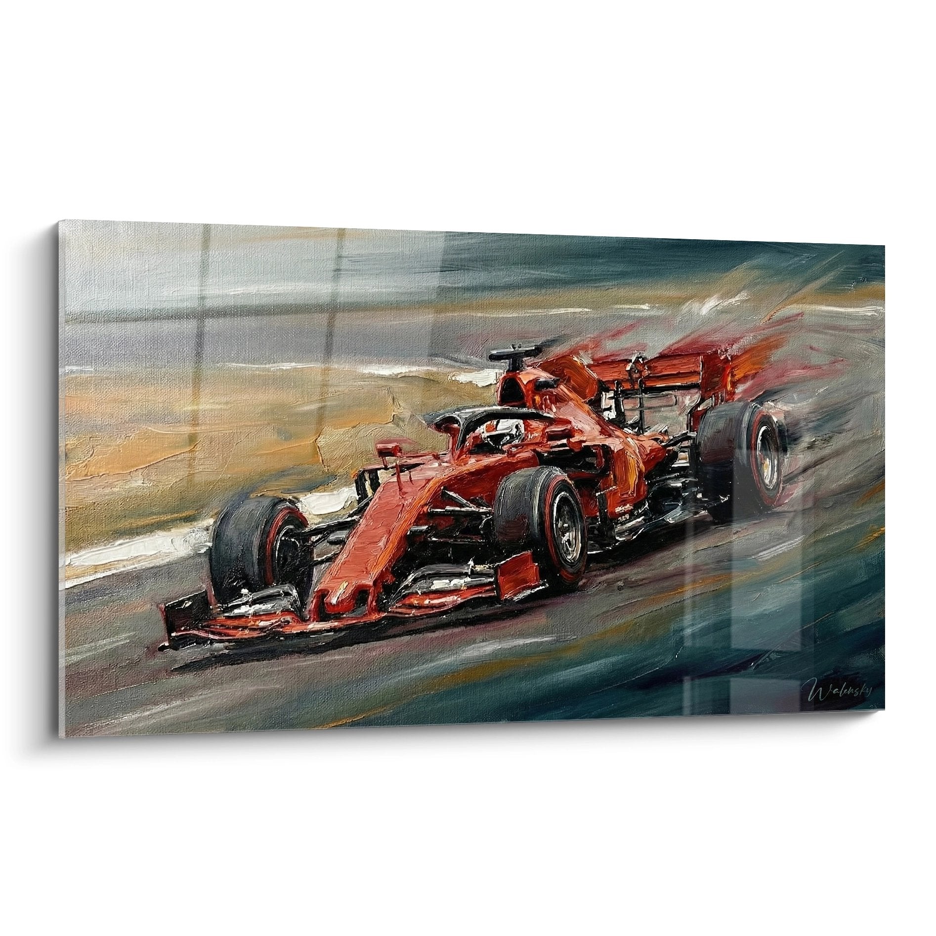 Tableau moderne Ferrari F1 rouge en mouvement avec effets de vitesse et brushstrokes dynamiques sur toile