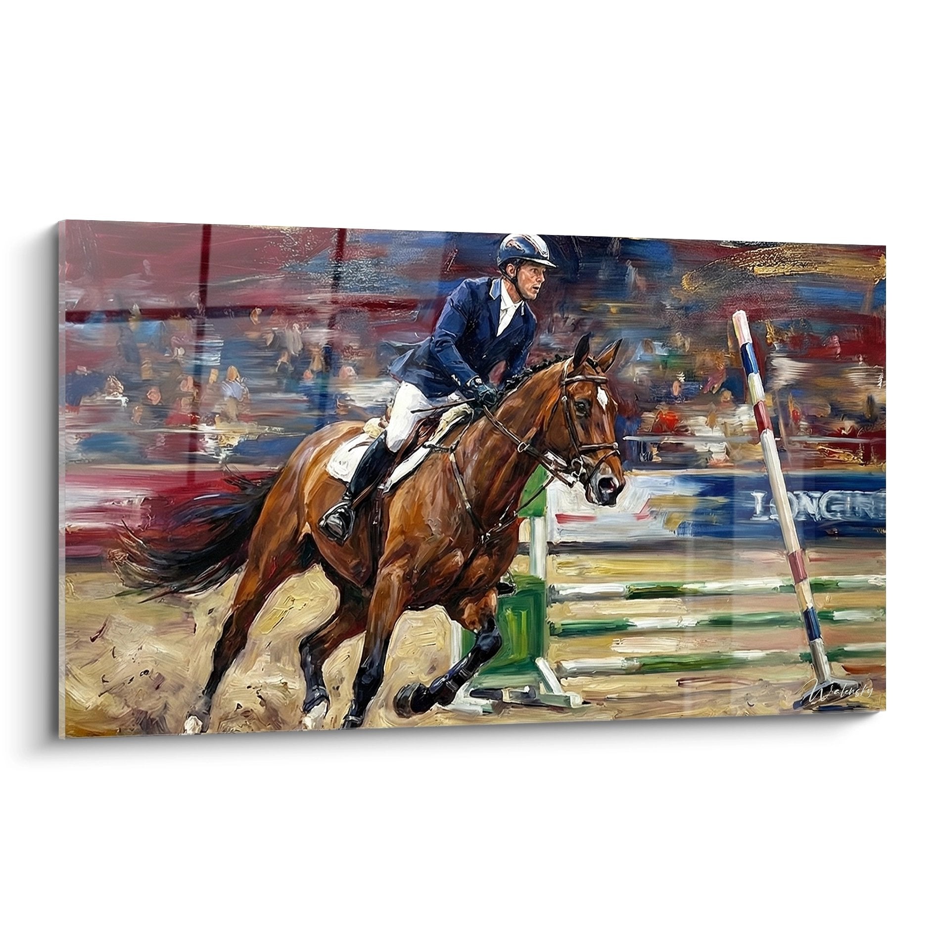 Quadro pittura salto ad ostacoli equestre con cavaliere in divisa blu su cavallo baio che salta l'ostacolo