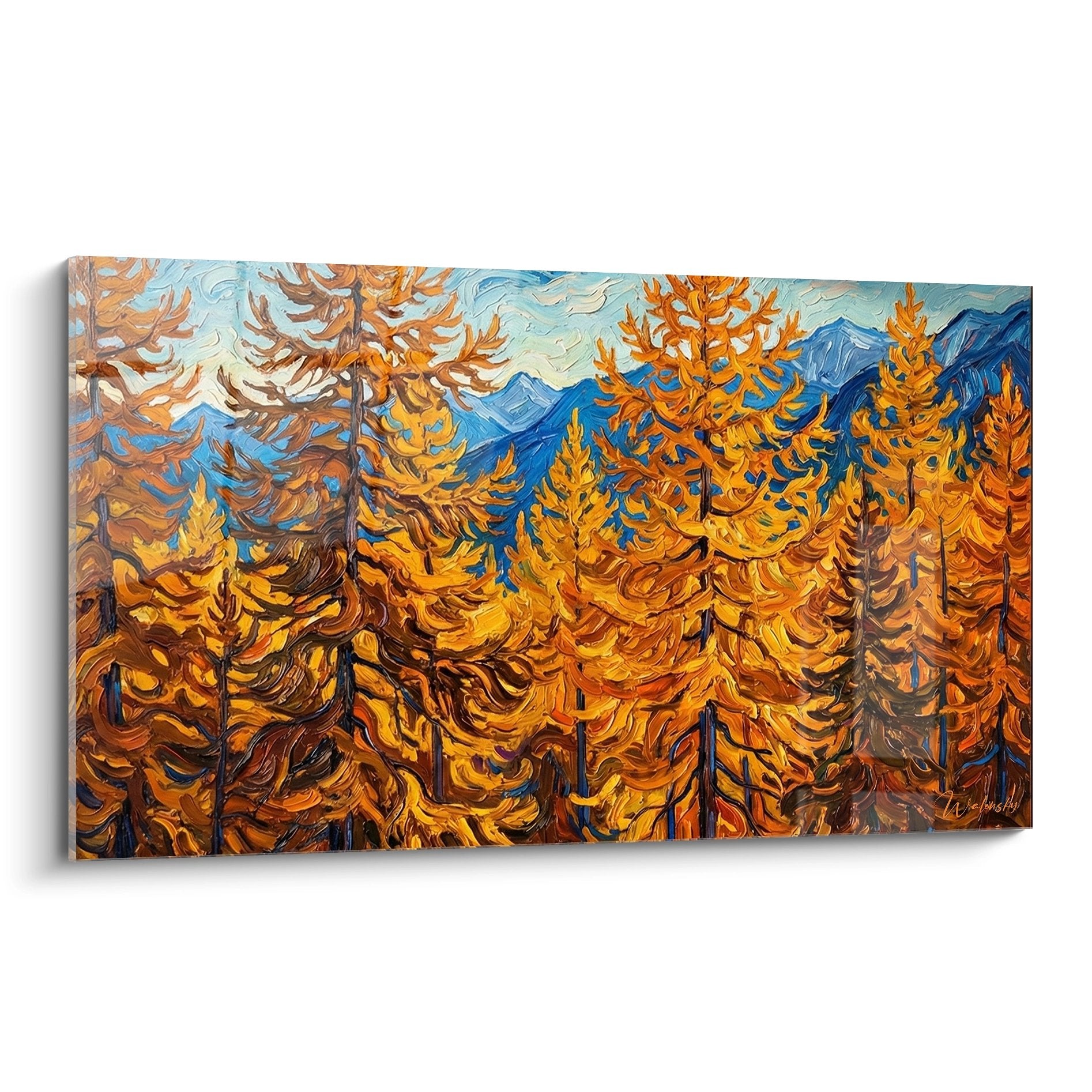 Quadro larici dorati autunno Alpi, foresta conifere arancioni montagna blu, arte murale paesaggio alpino