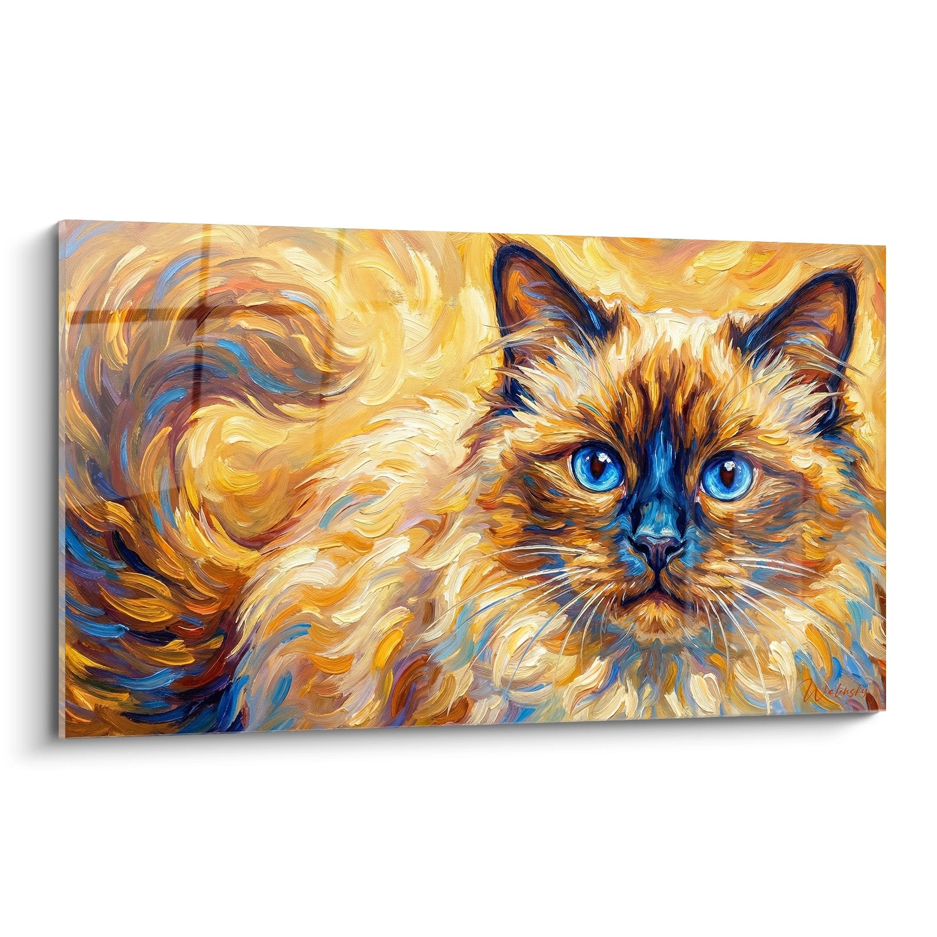 Quadro impressionista gatto birmano occhi blu con turbinii dorati stile Van Gogh arte murale felino