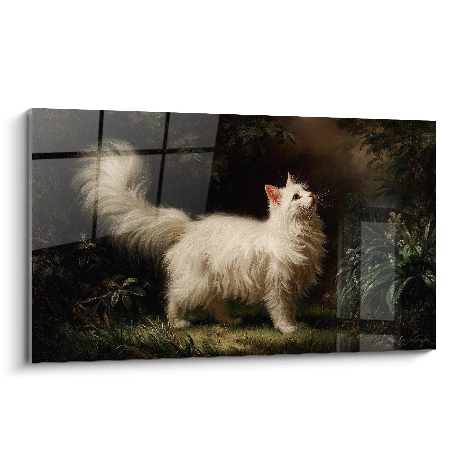 White Turkish Angora cat painting with long fur in a lush green garden looking up at the sky