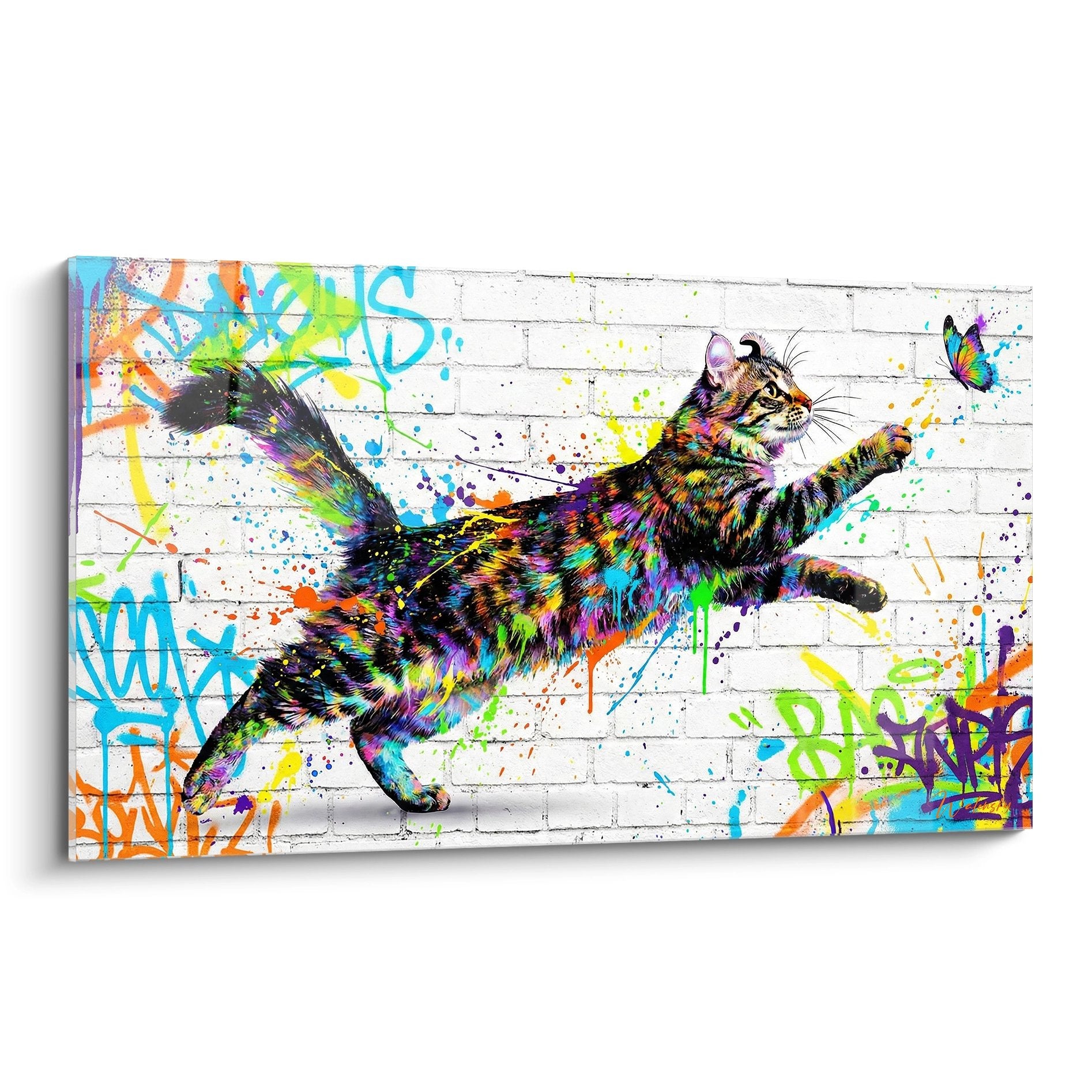 Street art cat American Curl multicolored jumping towards butterfly on brick wall with graffiti