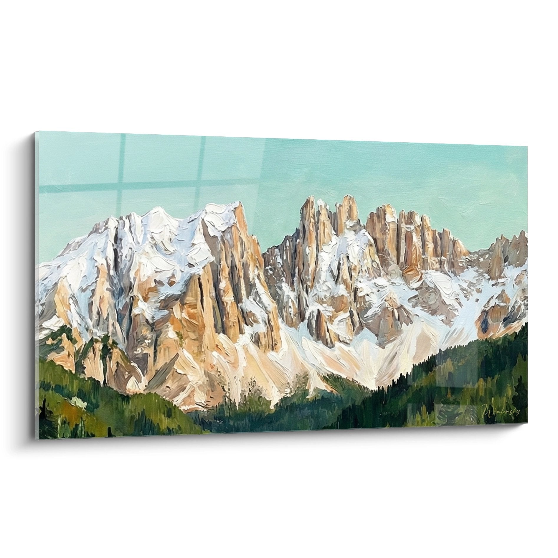 Dolomites painting with snow-capped peaks and coniferous forests on turquoise sky - alpine wall art